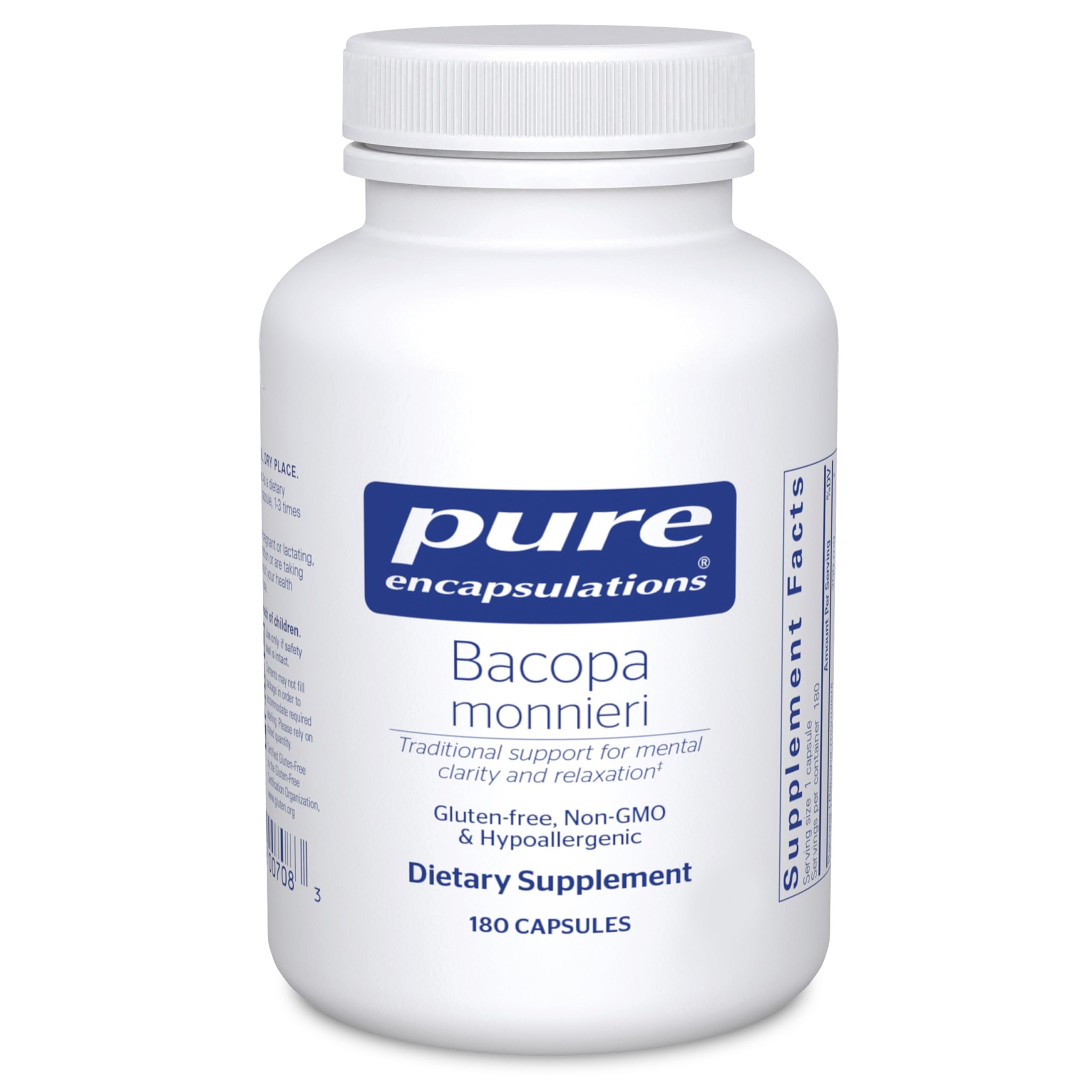 Pure Encapsulations Bacopa Monnieri: botella con cápsulas para apoyo cognitivo.