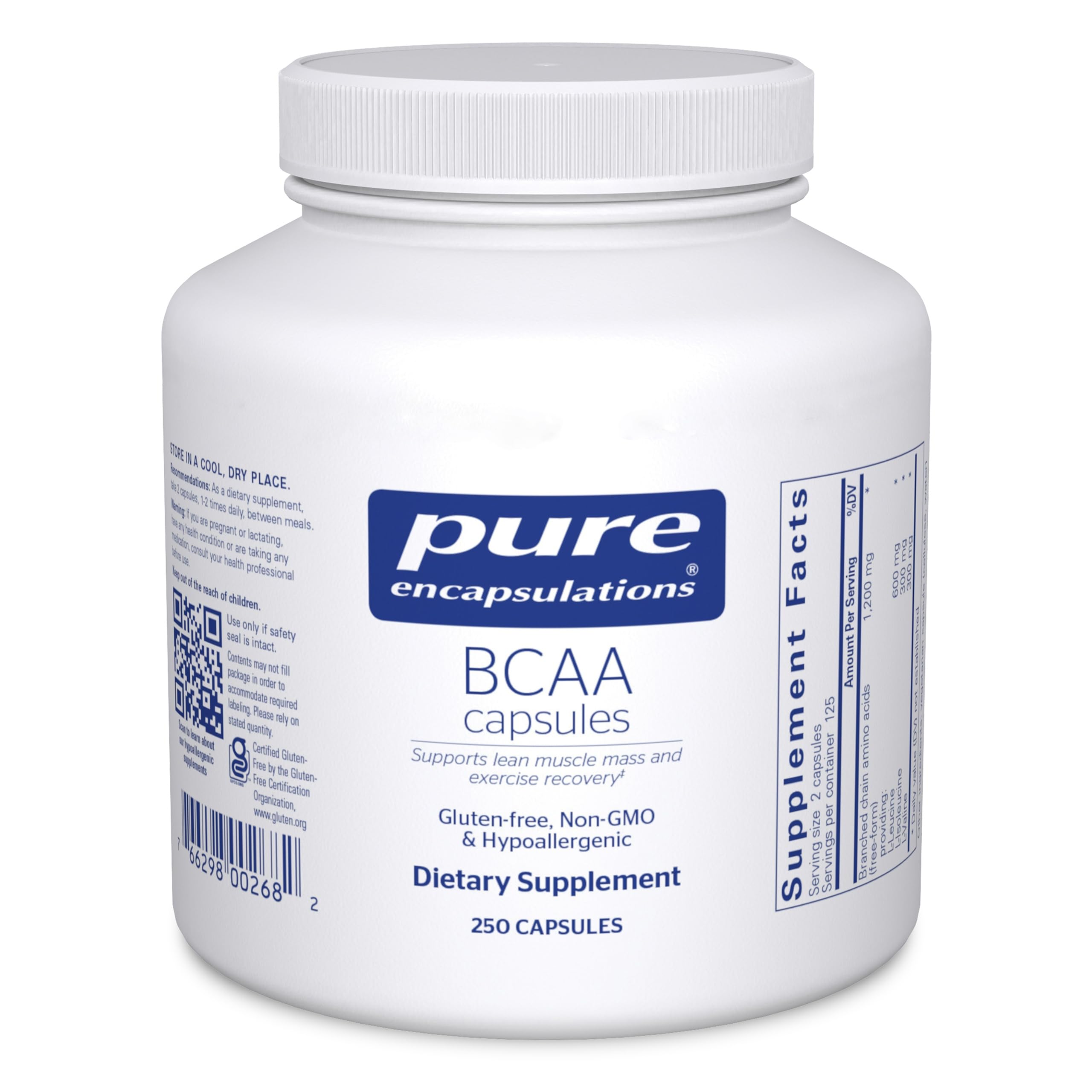 Pure Encapsulations BCAA cápsulas: equilibrio y vertido suave desde la botella para entrenar.