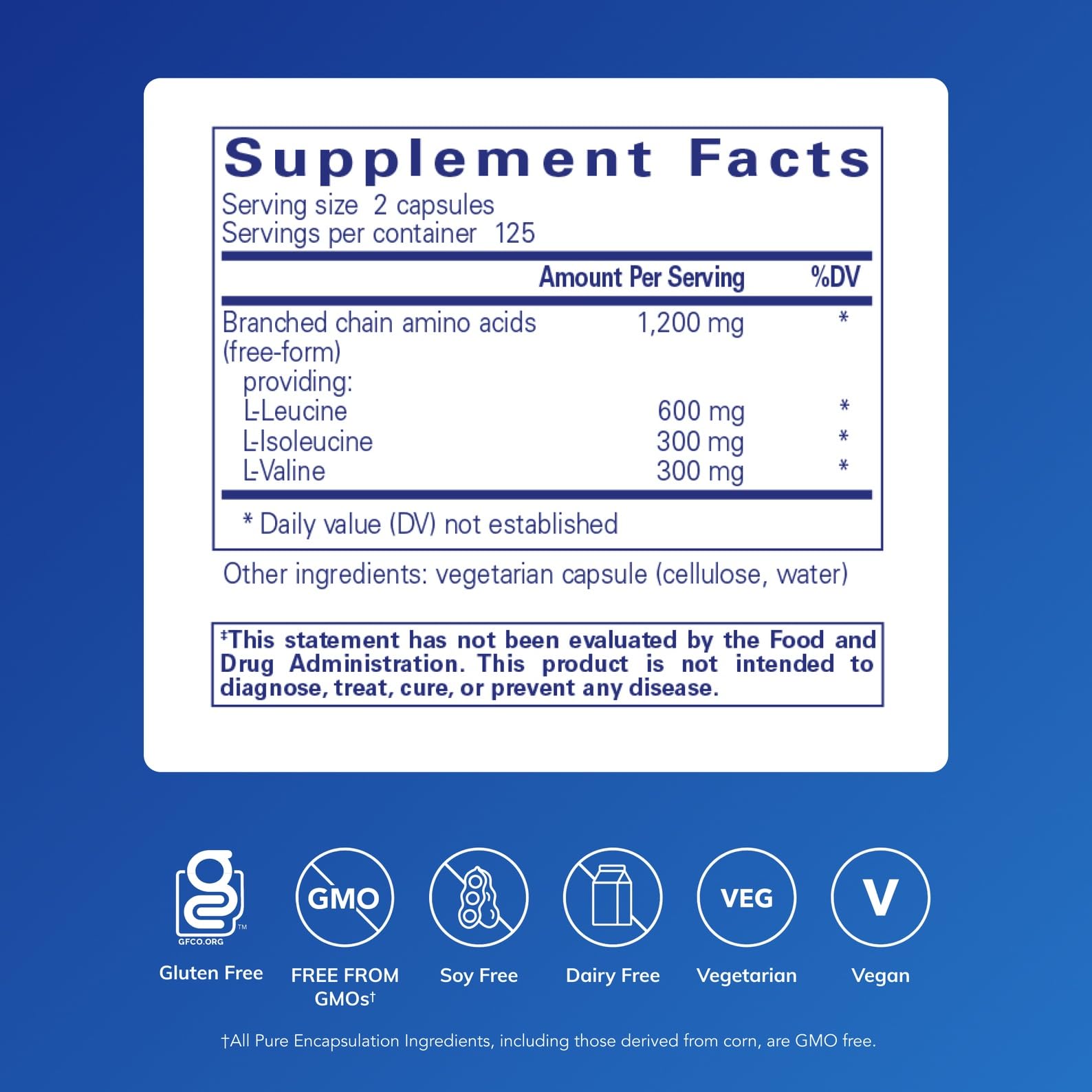 Pure Encapsulations BCAA cápsulas: etiqueta clara con nutrición para rendimiento diario.