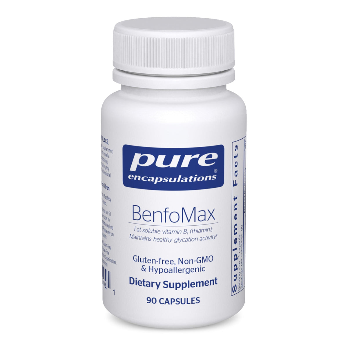 Pure Encapsulations BenfoMax 90's bottle with vegan, non-GMO info and metabolism support potential.