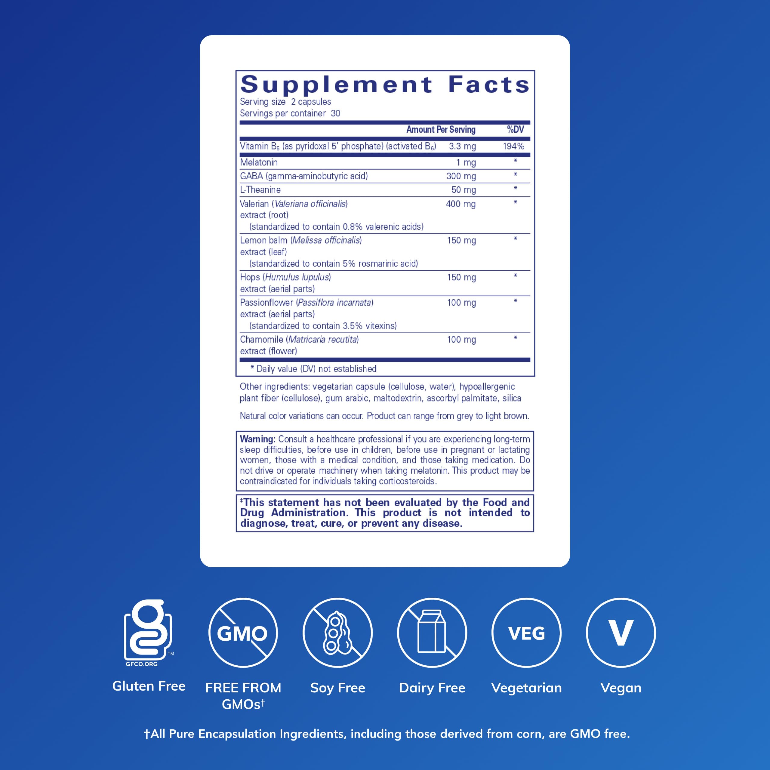 Pure Encapsulations Best-Rest Formula, etiqueta detallada, información clara de ingredientes sin alérgenos.