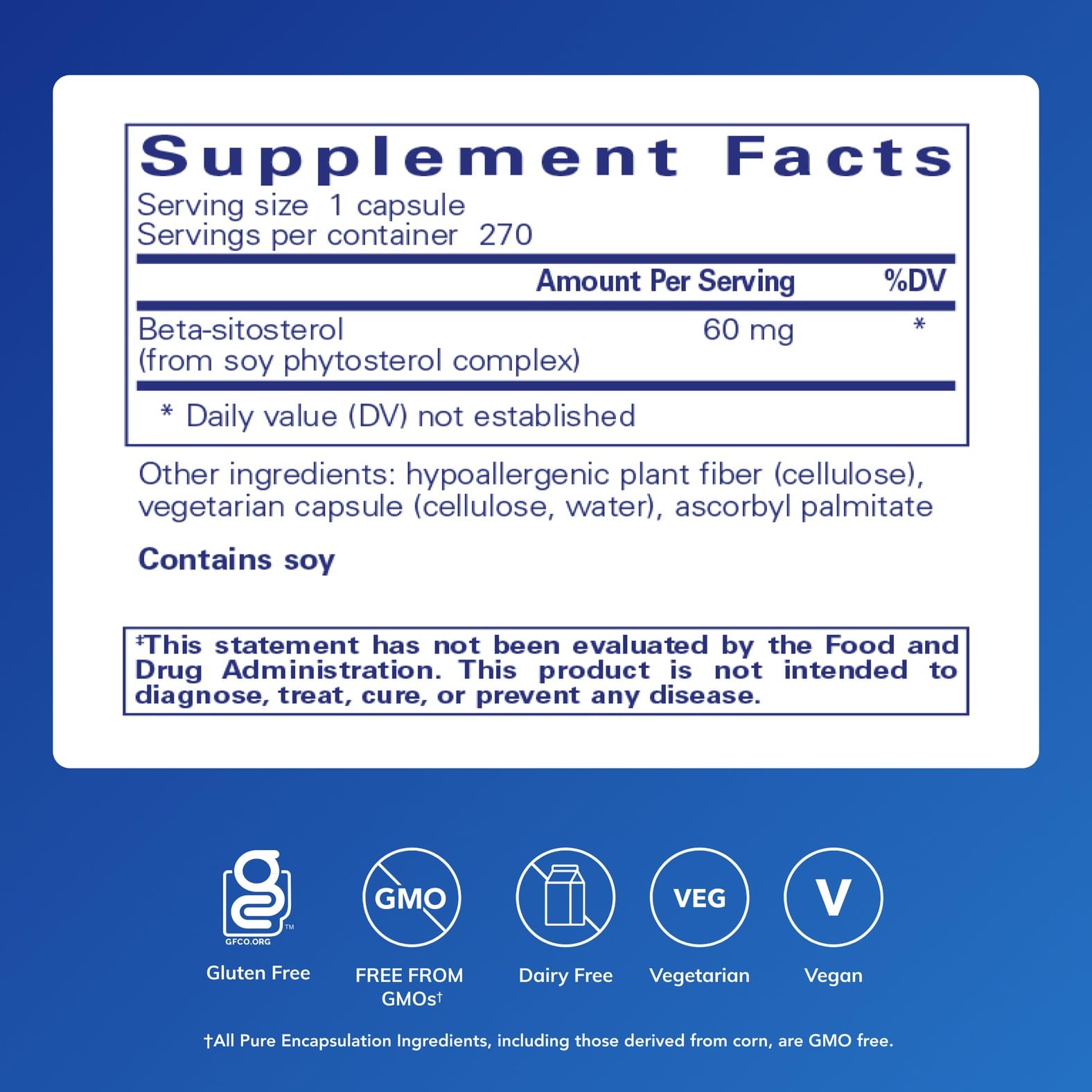 Pure Encapsulations Beta-Sitosterol, cápsulas veganas para uso diario.