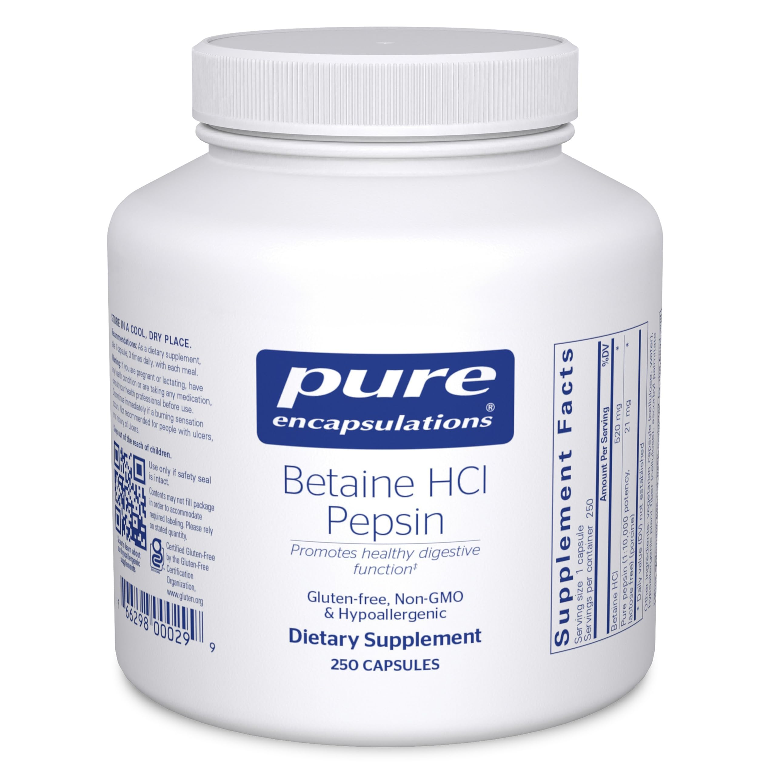 Pure Encapsulations Betaína HCl Pepsina, botella frontal, para apoyar la digestión diaria.