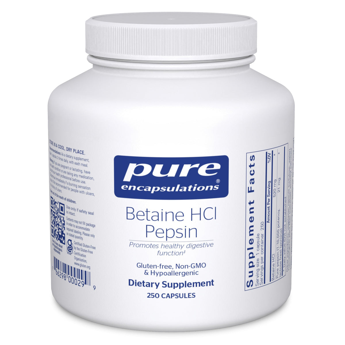 Pure Encapsulations Betaína HCl Pepsina, botella frontal, para apoyar la digestión diaria.