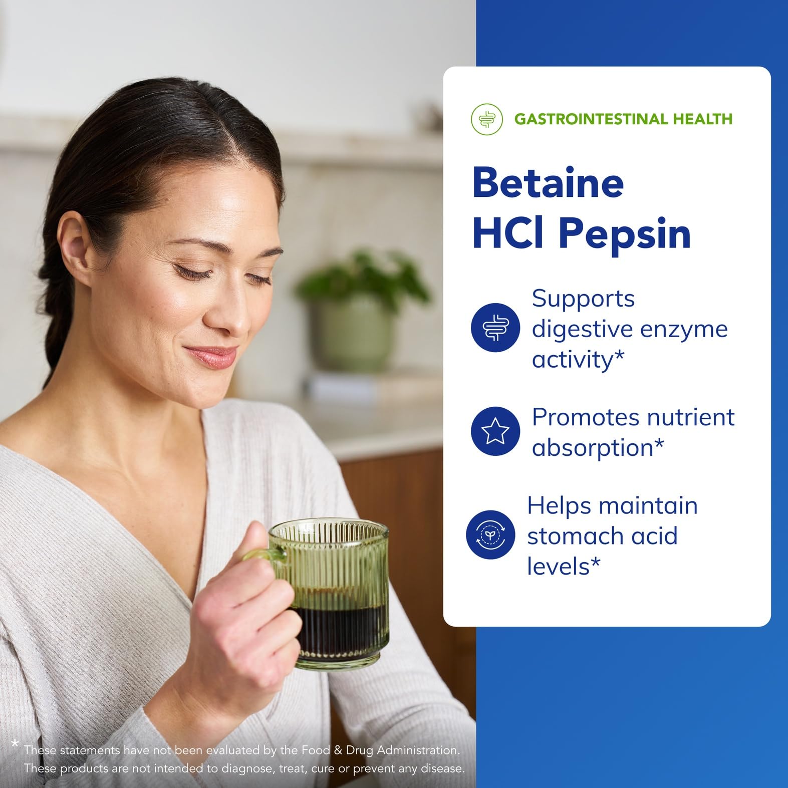 Pure Encapsulations Betaína HCl Pepsina, cápsulas close-up, soporte digestivo práctico.