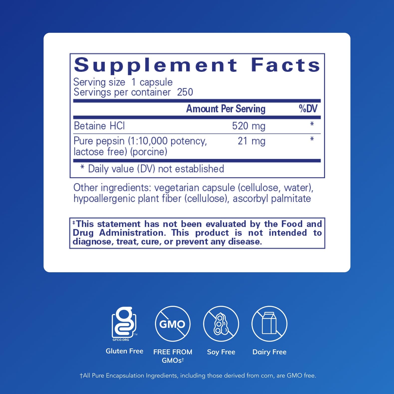 Pure Encapsulations Betaína HCl Pepsina, etiqueta detallada con uso recomendado.