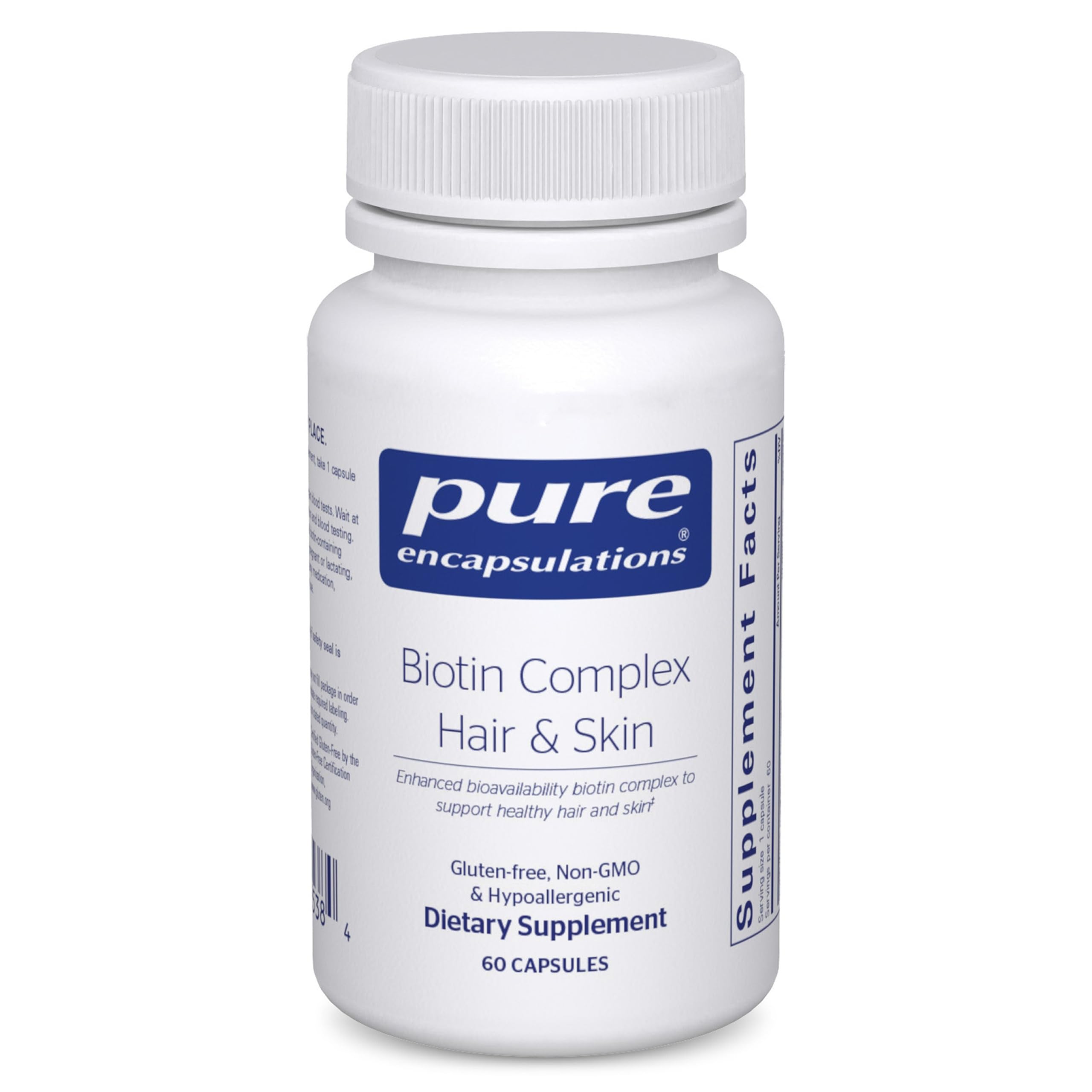 Pure Encapsulations Biotin Complex favorece cabello saludable y brillo natural.