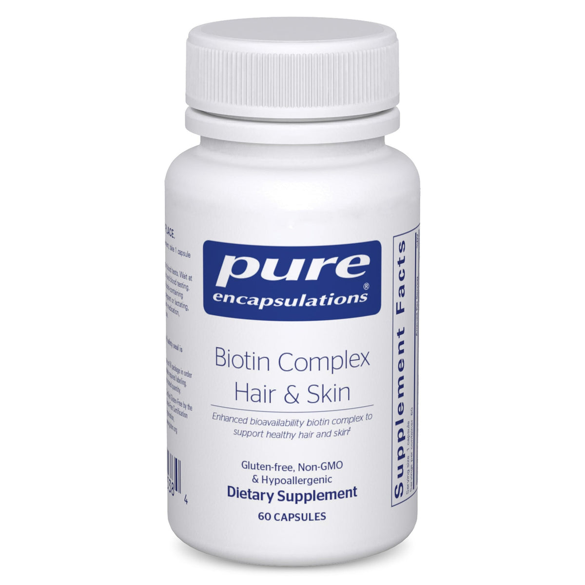 Pure Encapsulations Biotin Complex favorece cabello saludable y brillo natural.