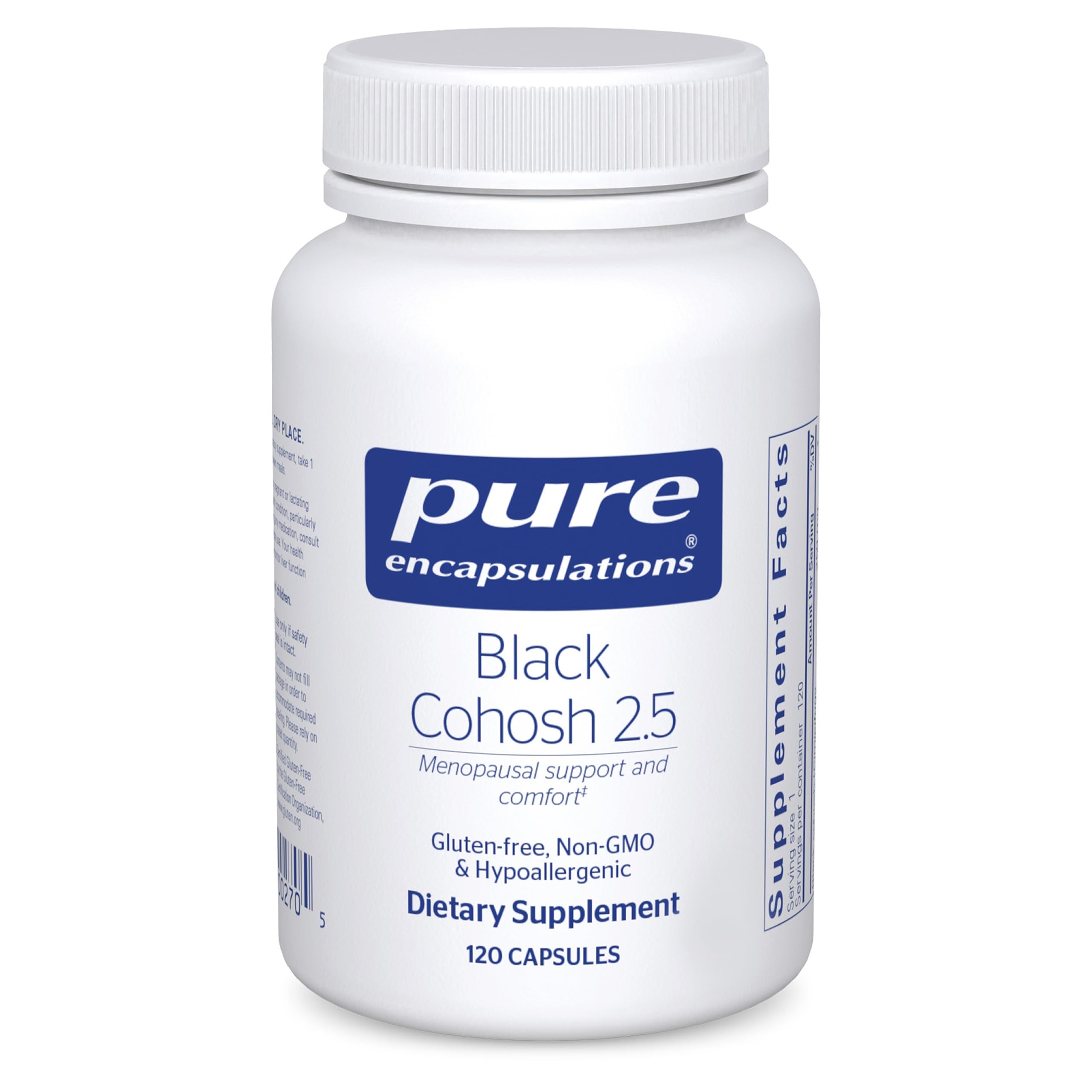 Pure Encapsulations Black Cohosh 2.5, botella frontal, apoyo suave durante la menopausia.