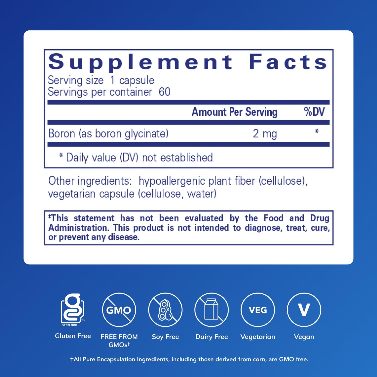 Pure Encapsulations Borón Glicinato cápsulas visibles para equilibrio hormonal.