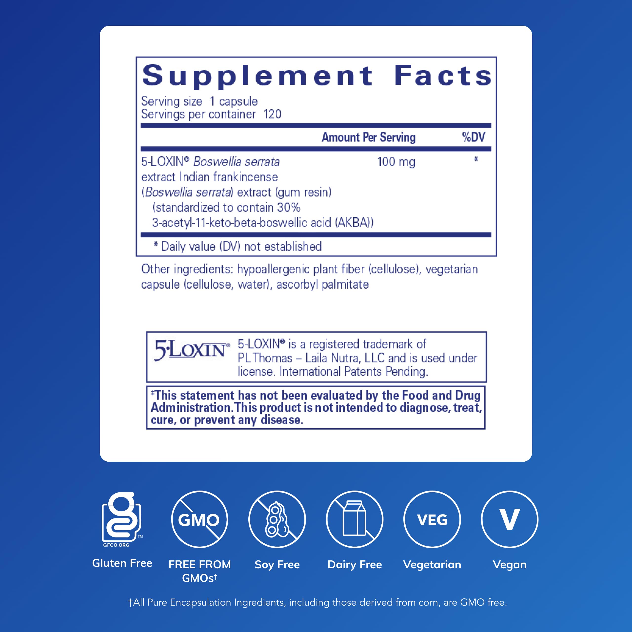 Pure Encapsulations Boswellia AKBA: etiqueta frontal con certificaciones Vegan