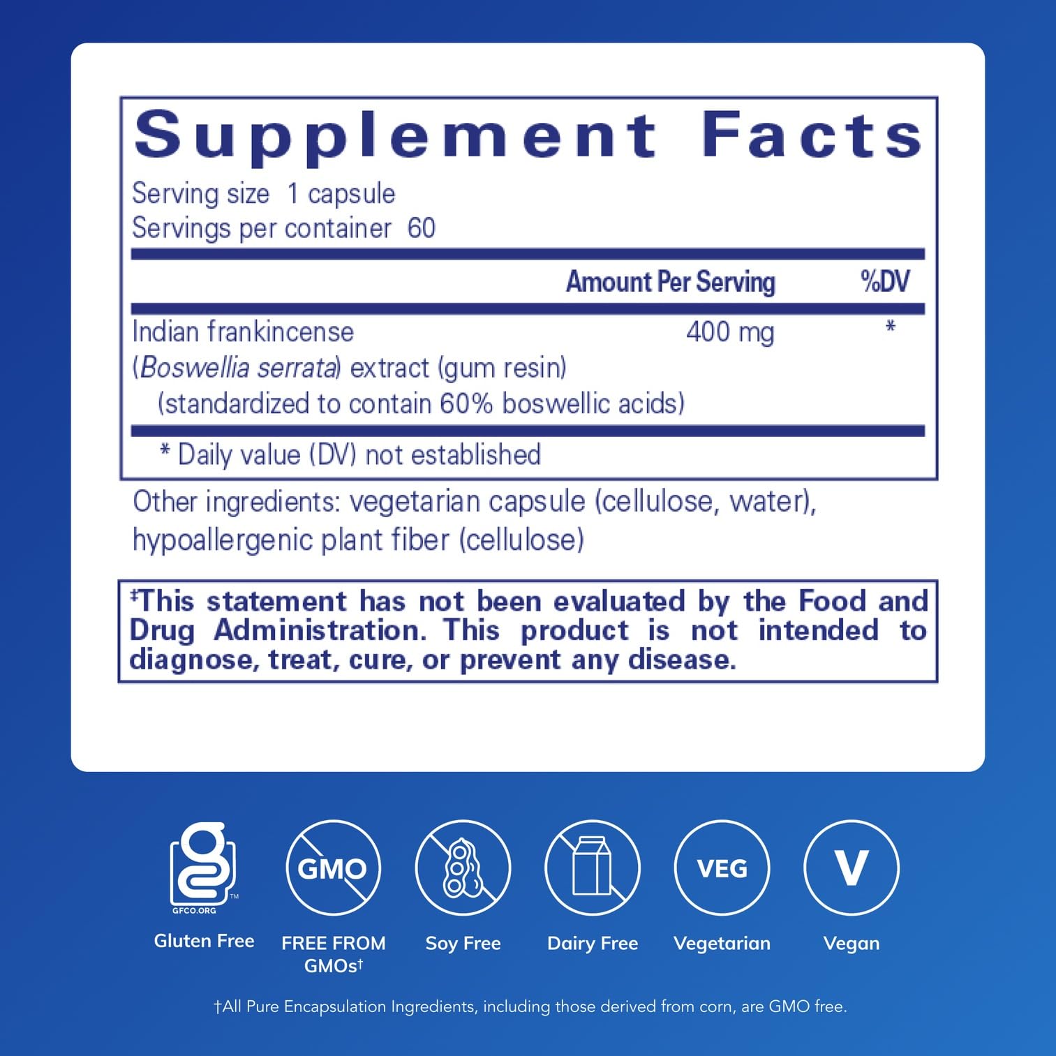 Boswellia de Pure Encapsulations para el sistema digestivo, posible apoyo a la función intestinal.