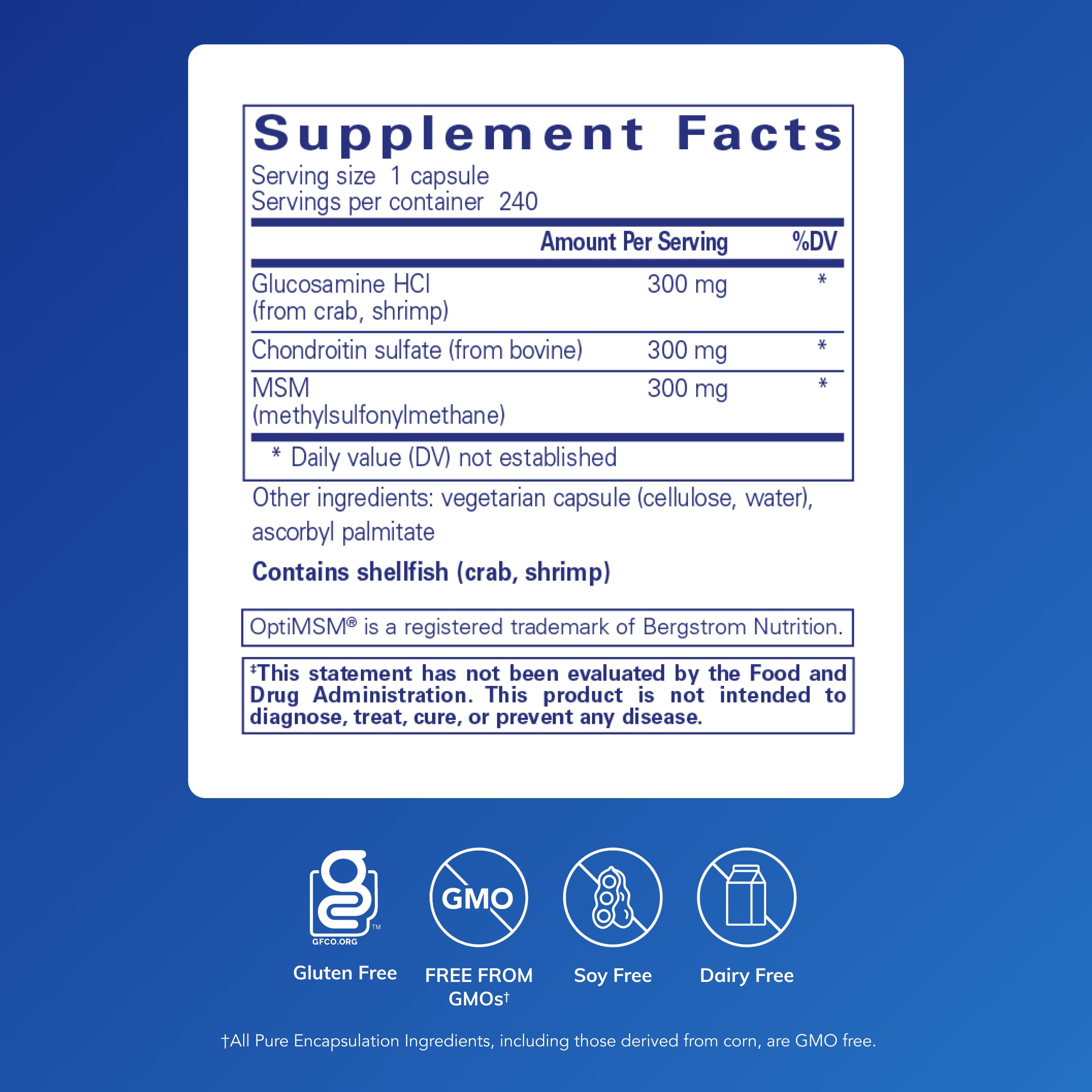 Botella de Pure Encapsulations con glucosamina, condroitina y MSM para uso diario
