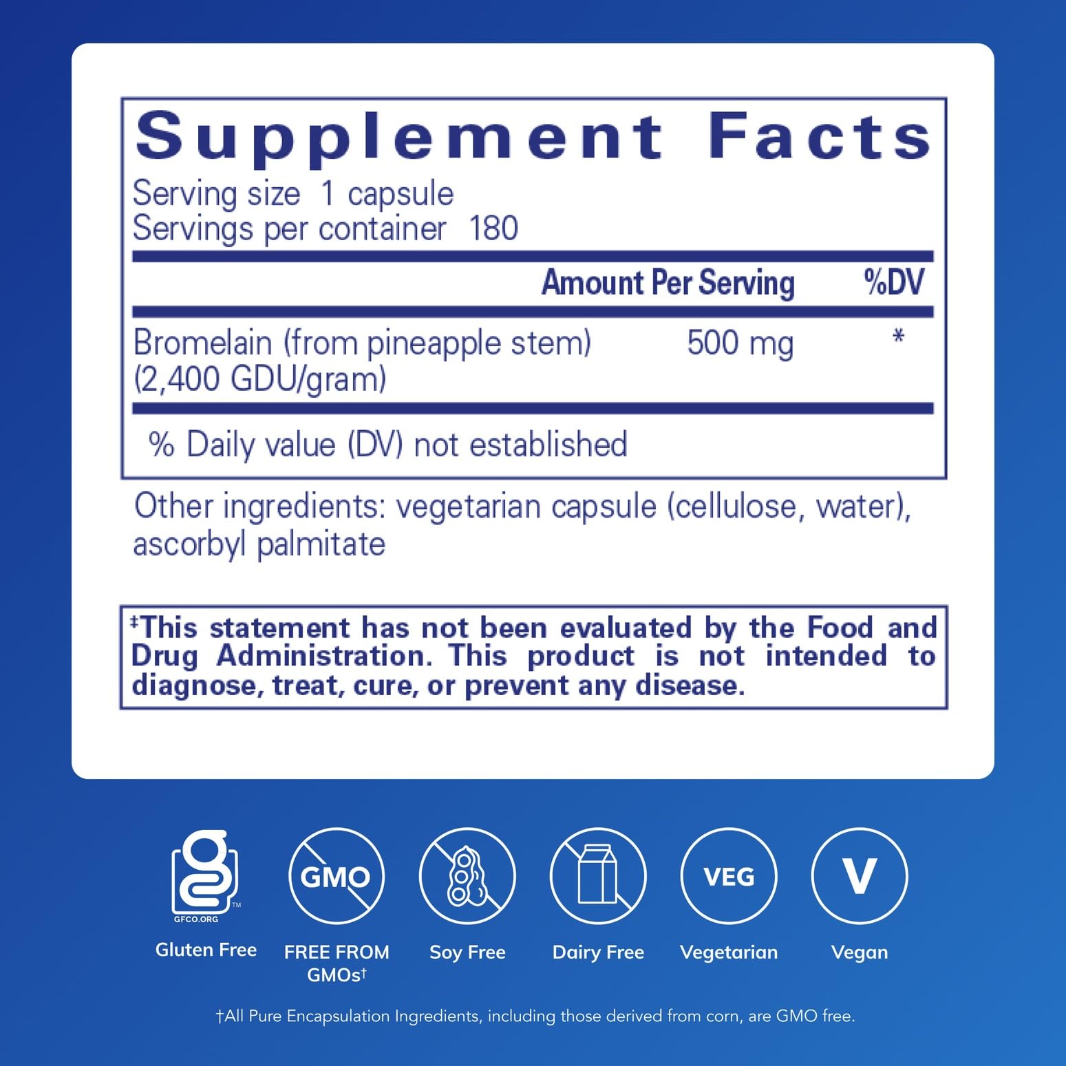 Pure Encapsulations Bromelain 2400, etiqueta frontal, destaca su uso diario para el cuidado digestivo.