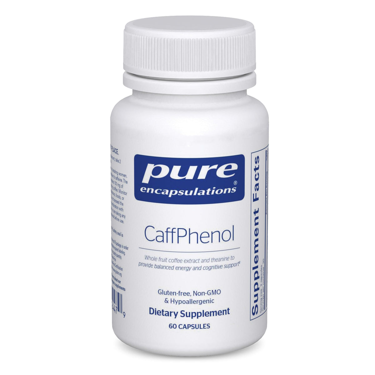 Pure Encapsulations CaffPhenol: botella de cápsulas para energía equilibrada y foco sostenido.