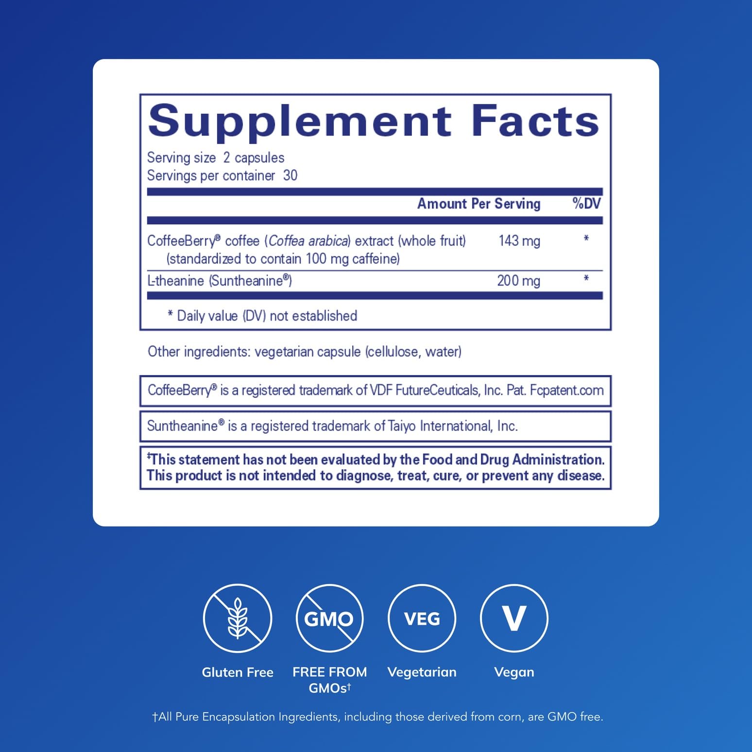 Pure Encapsulations CaffPhenol: etiqueta frontal con cafeína y teanina para impulso suave.