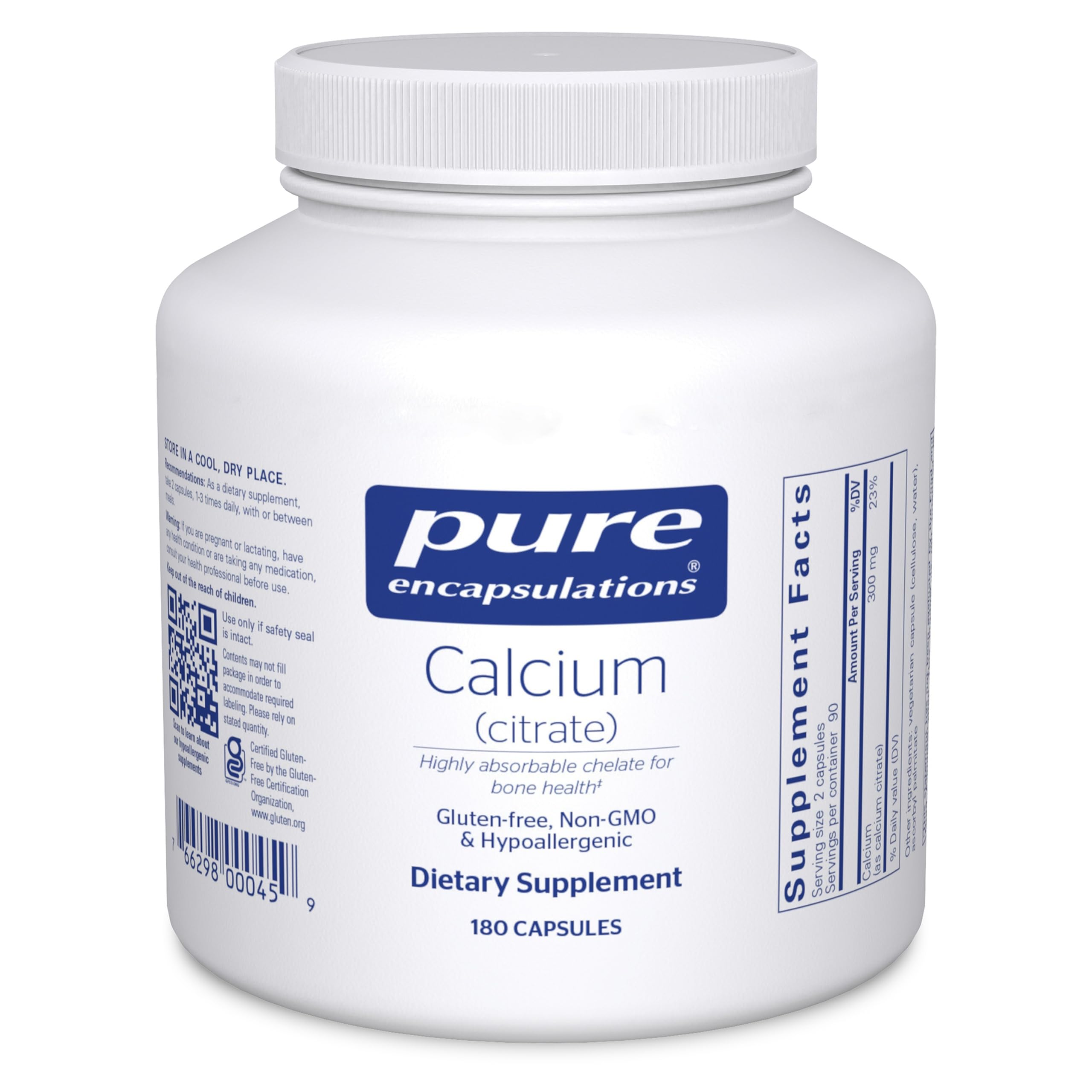 Pure Encapsulations Calcium Citrate botella muestra el envase para huesos y corazón.