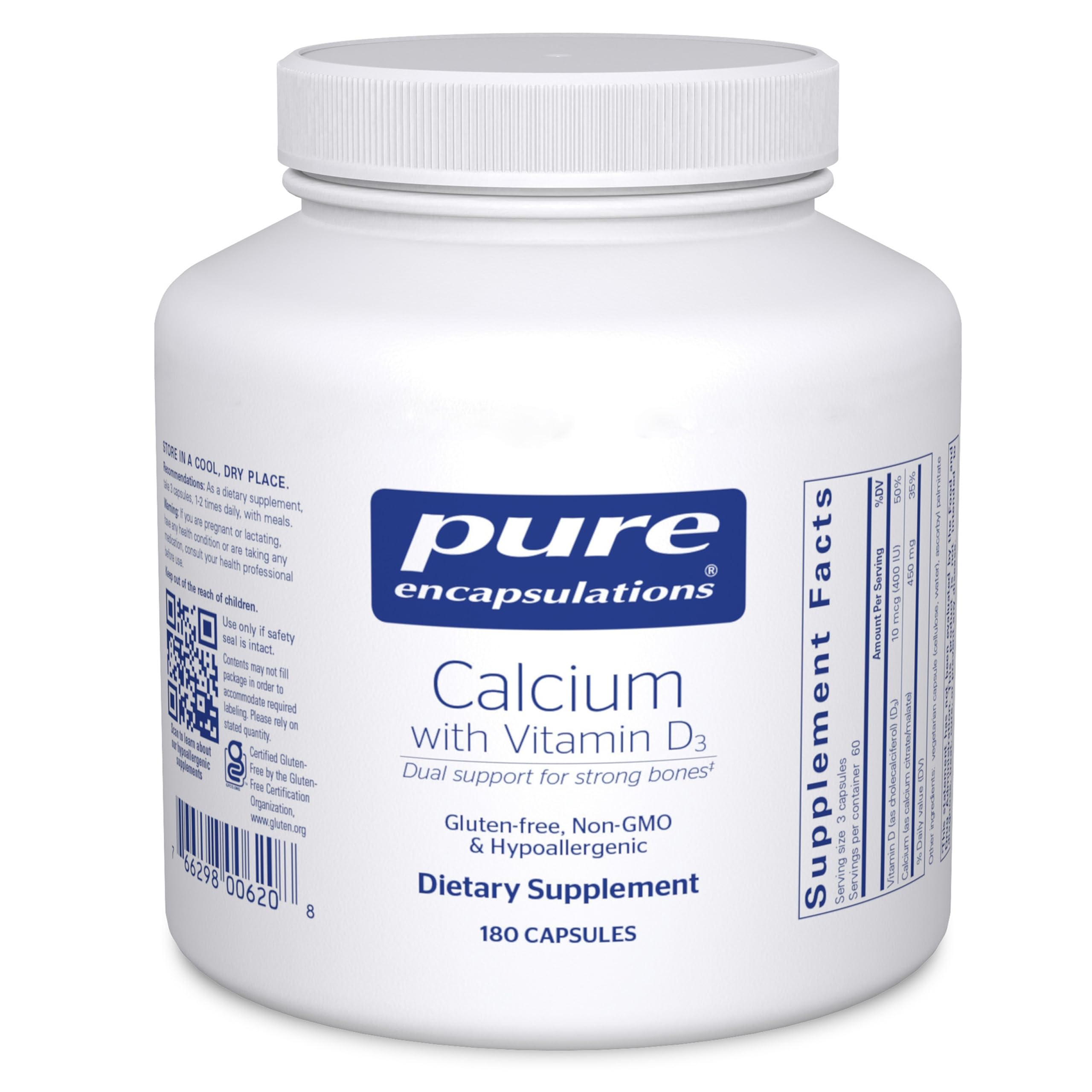 Pure Encapsulations calcio con vitamina D3 en botella, posible apoyo a la salud ósea.