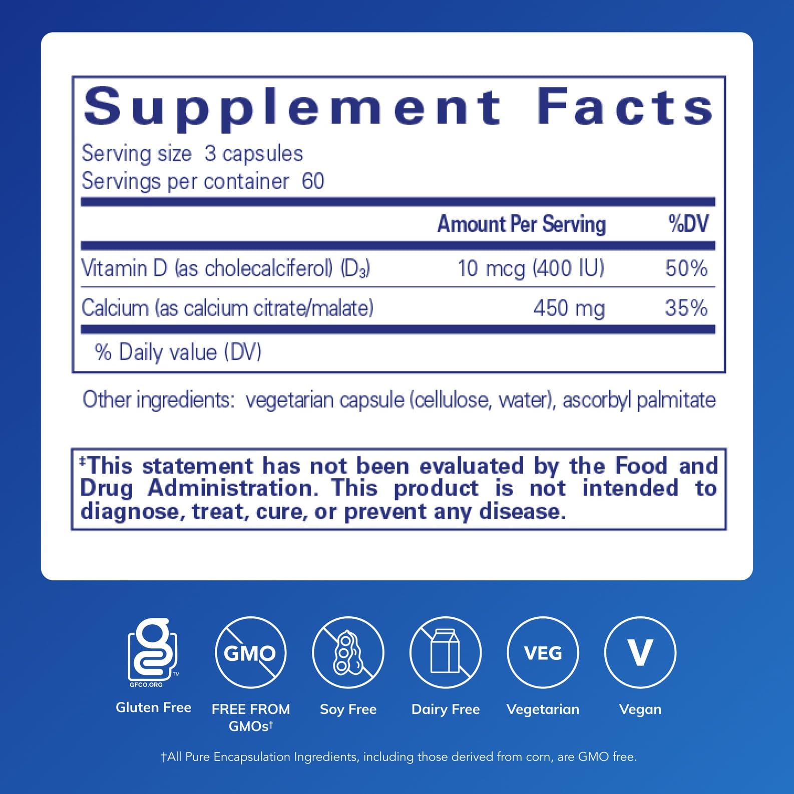 Etiqueta de Pure Encapsulations calcio con vitamina D3, destacando pureza y calidad.