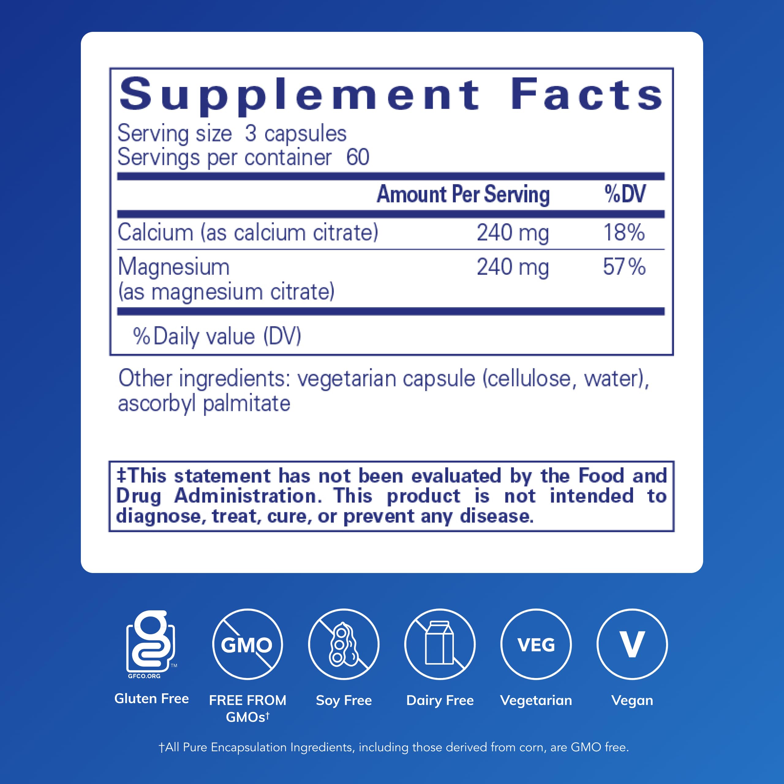 Etiqueta de Pure Encapsulations Calcium Magnesium Citrate, información nutricional para uso diario seguro.