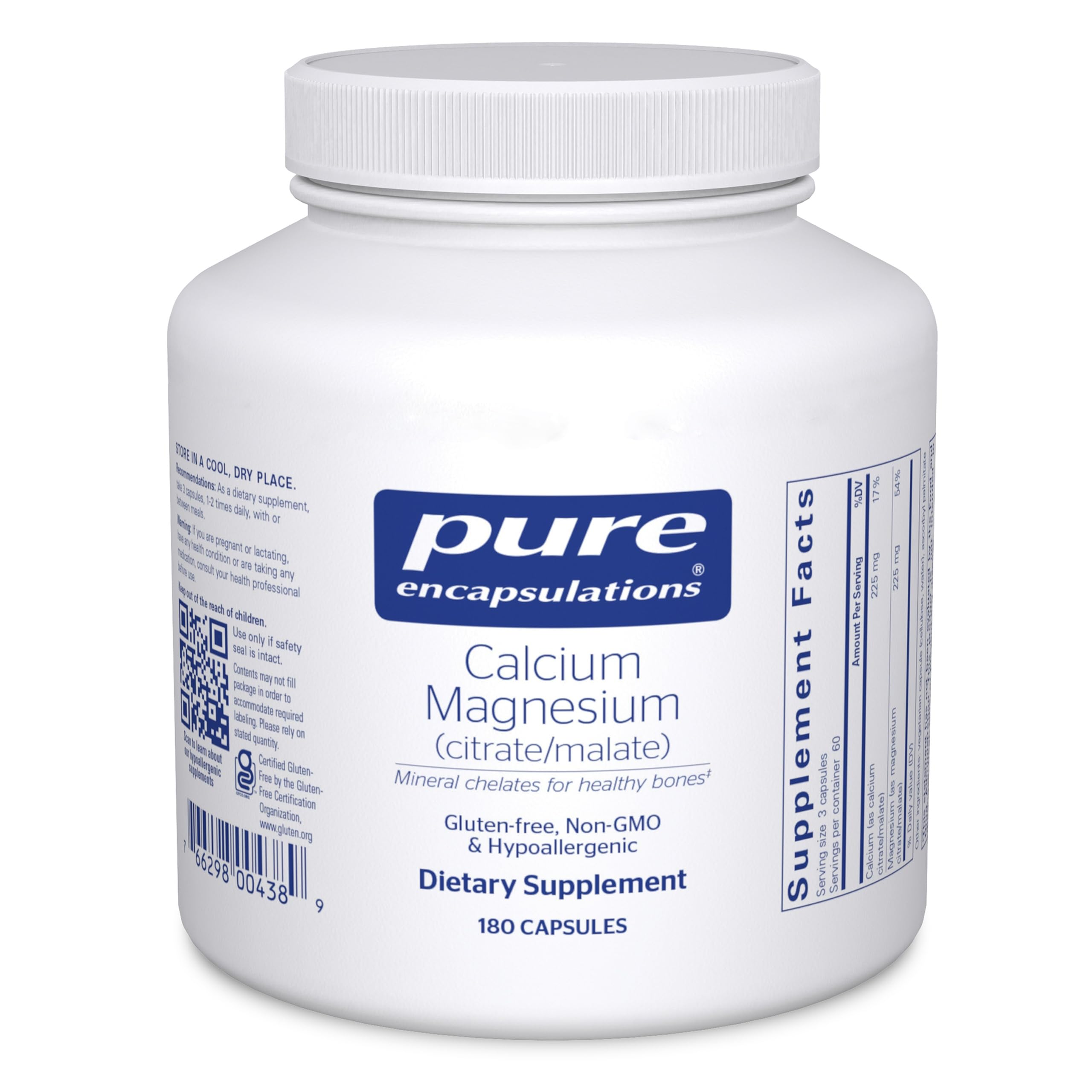 Pure Encapsulations Calcio Magnesio Citrato Malato en cápsulas para apoyar la salud ósea.