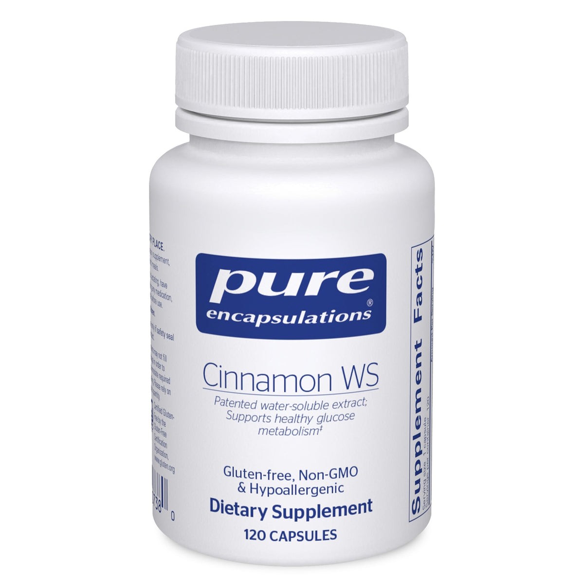Pure Encapsulations Cinnamon WS: botella, apoyo al metabolismo de carbohidratos en tu rutina diaria.