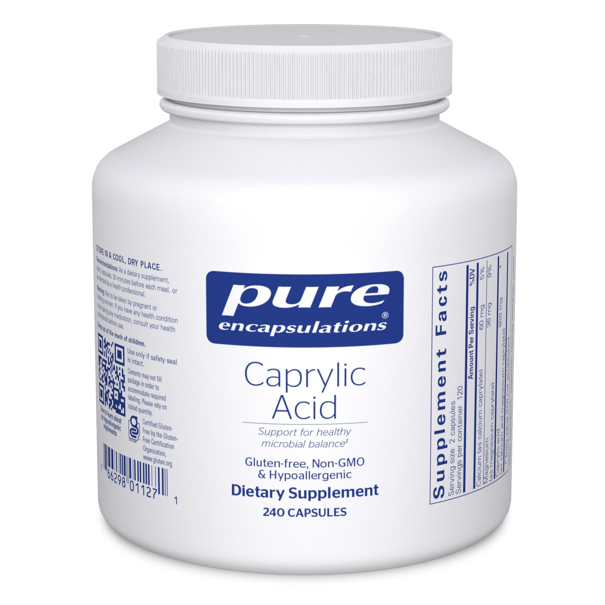 Pure Encapsulations Caprylic Acid: cápsulas para apoyar la salud intestinal y equilibrio.