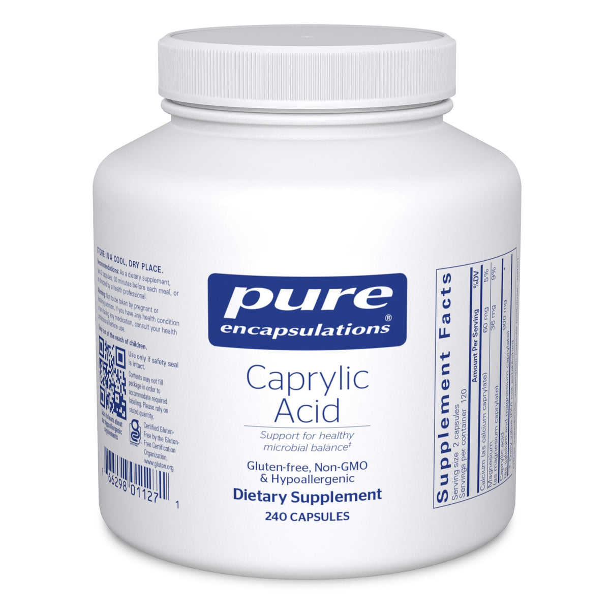 Pure Encapsulations Caprylic Acid: cápsulas para apoyar la salud intestinal y equilibrio.