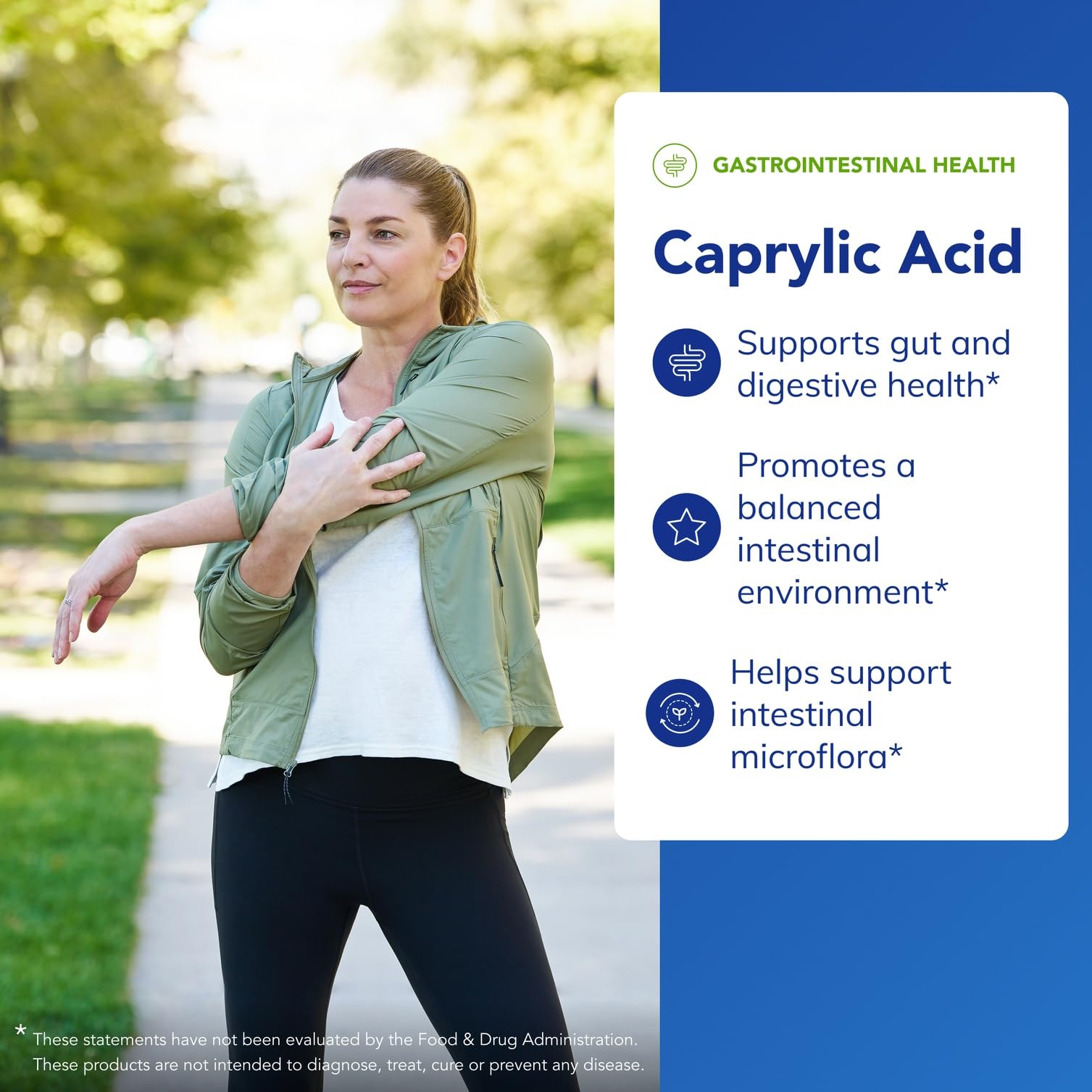 Etiqueta informativa de Pure Encapsulations Caprylic Acid con datos de pureza y dosis.