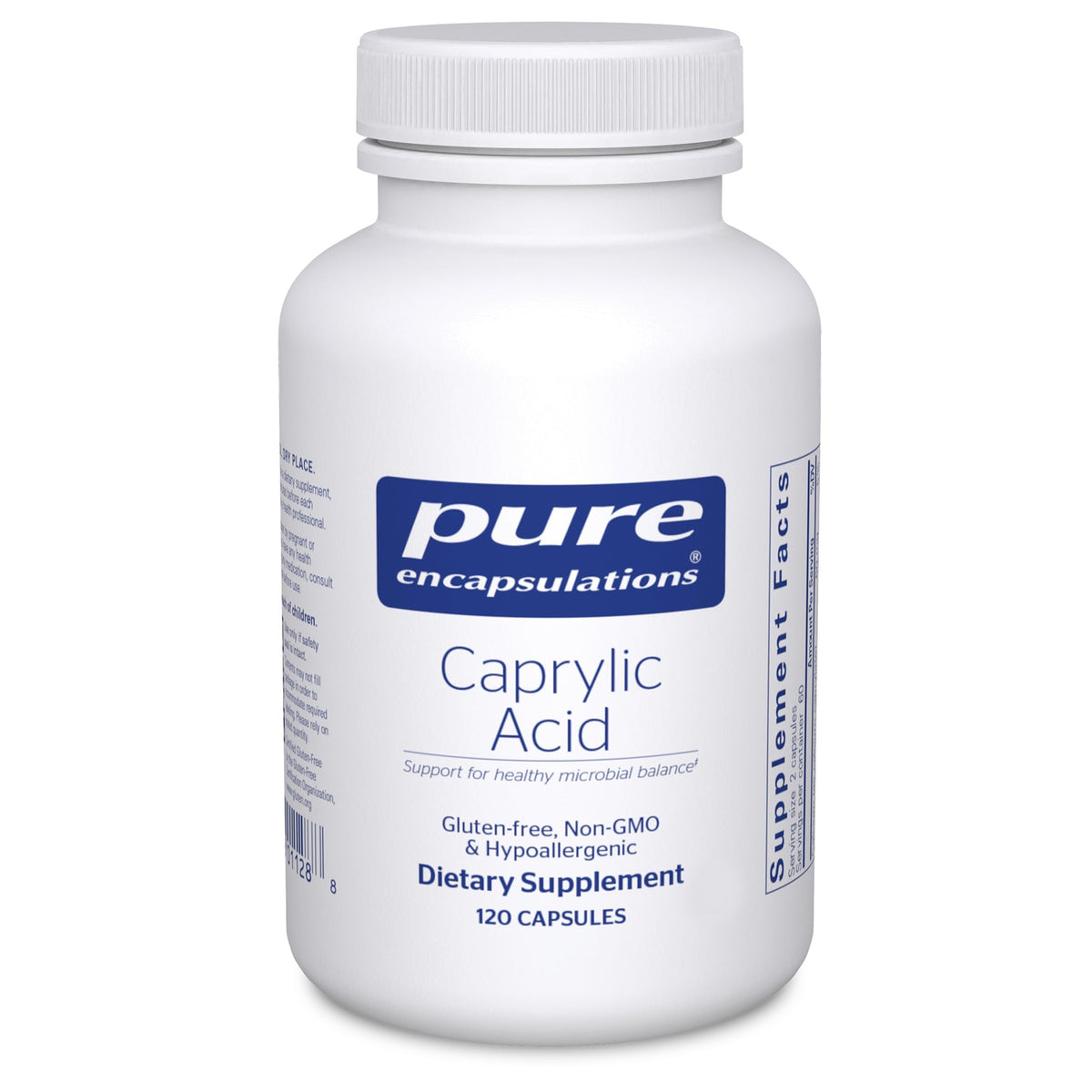 Pure Encapsulations Caprylic Acid frasco, apoyo digestivo suave.