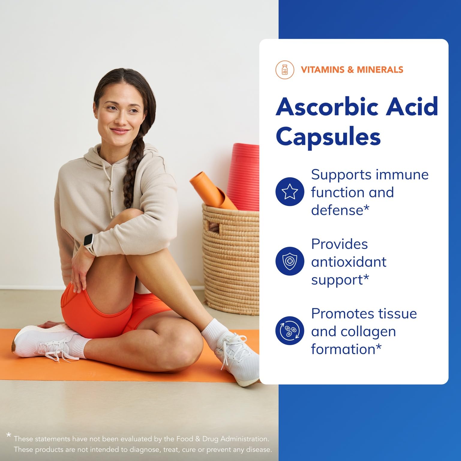 Cápsulas de ácido ascórbico Pure Encapsulations, frente de la botella para facilitar el consumo diario