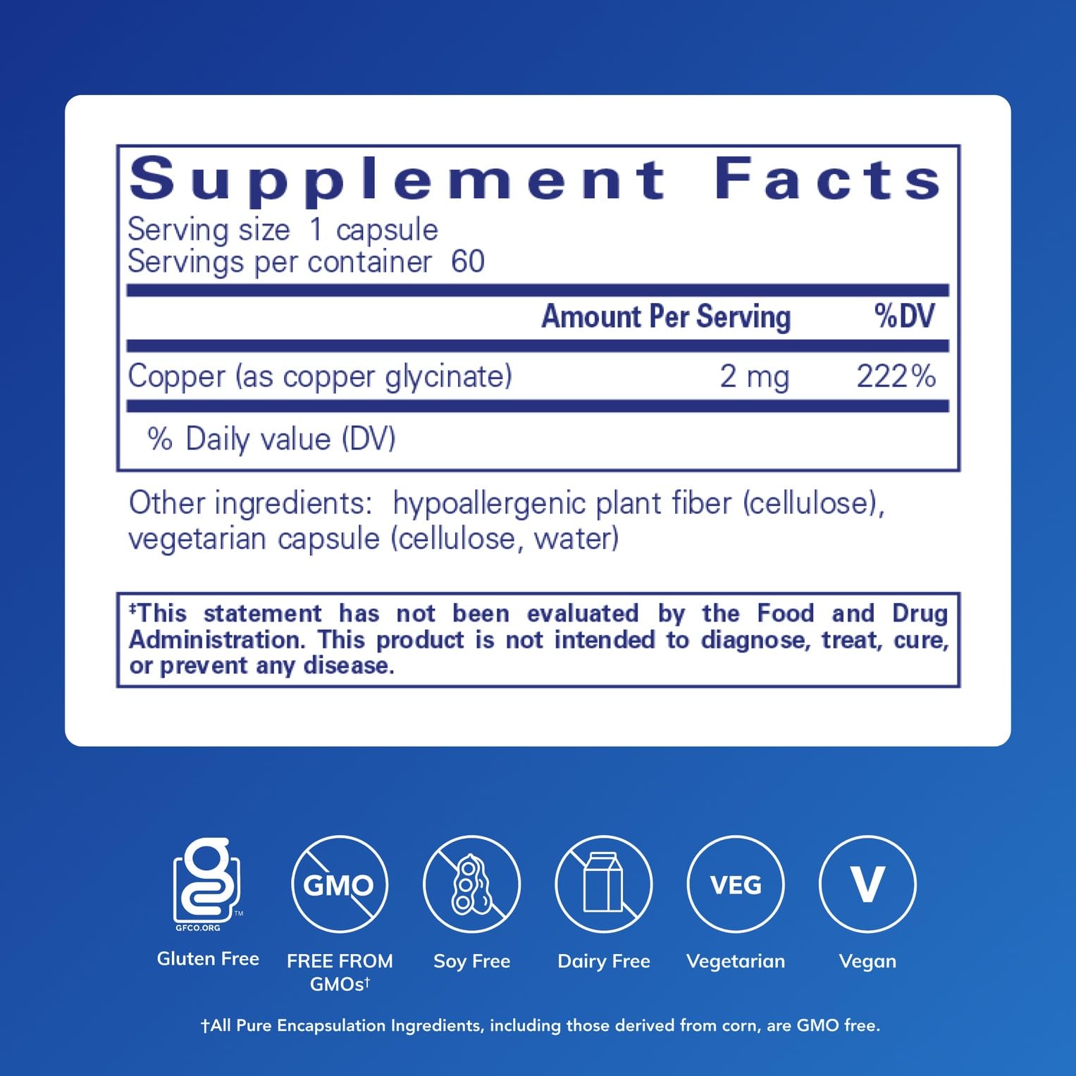 Pure Encapsulations Copper Glycinate: etiqueta legible para control de dosis