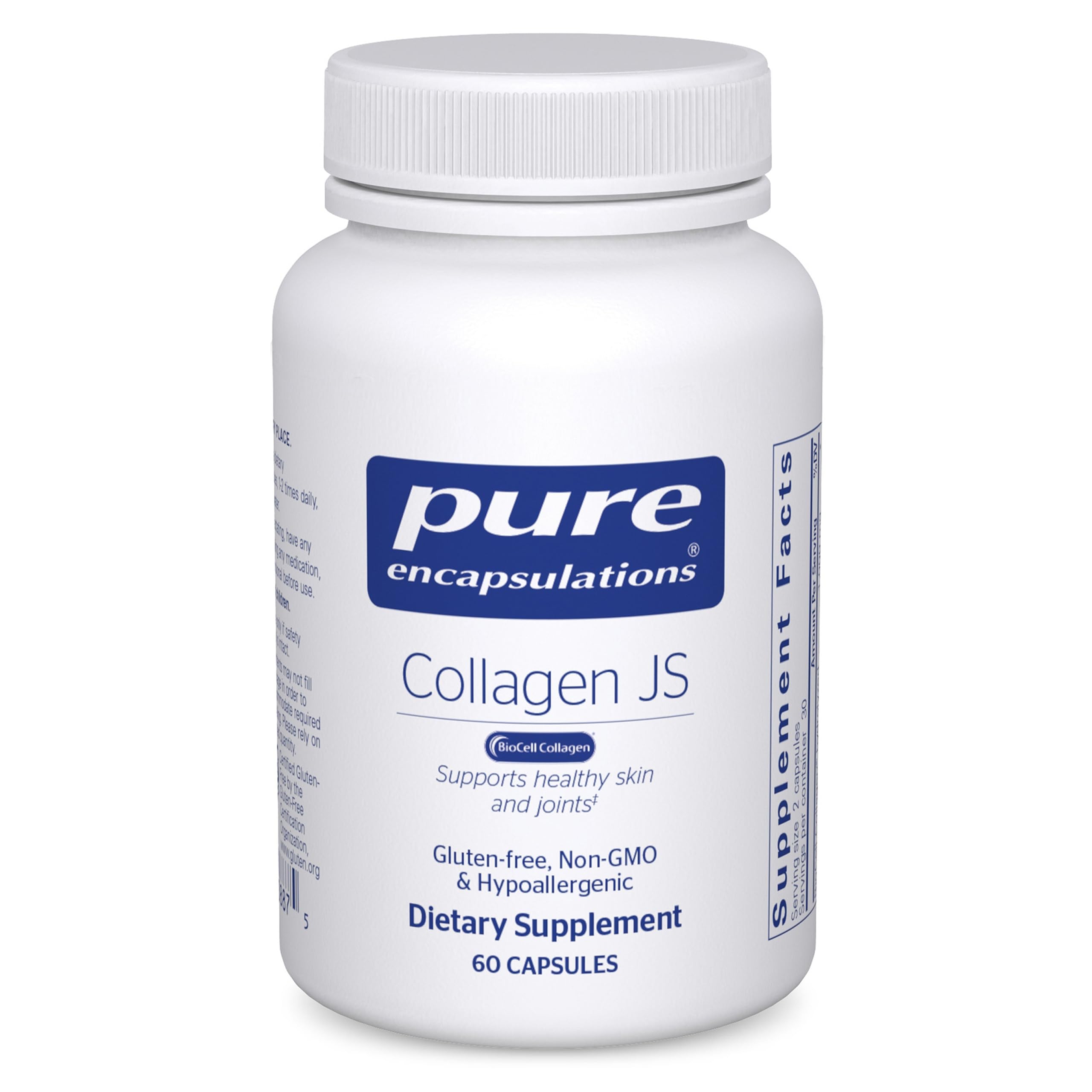 Pure Encapsulations Collagen JS, botella frontal, mejora la elasticidad de la piel