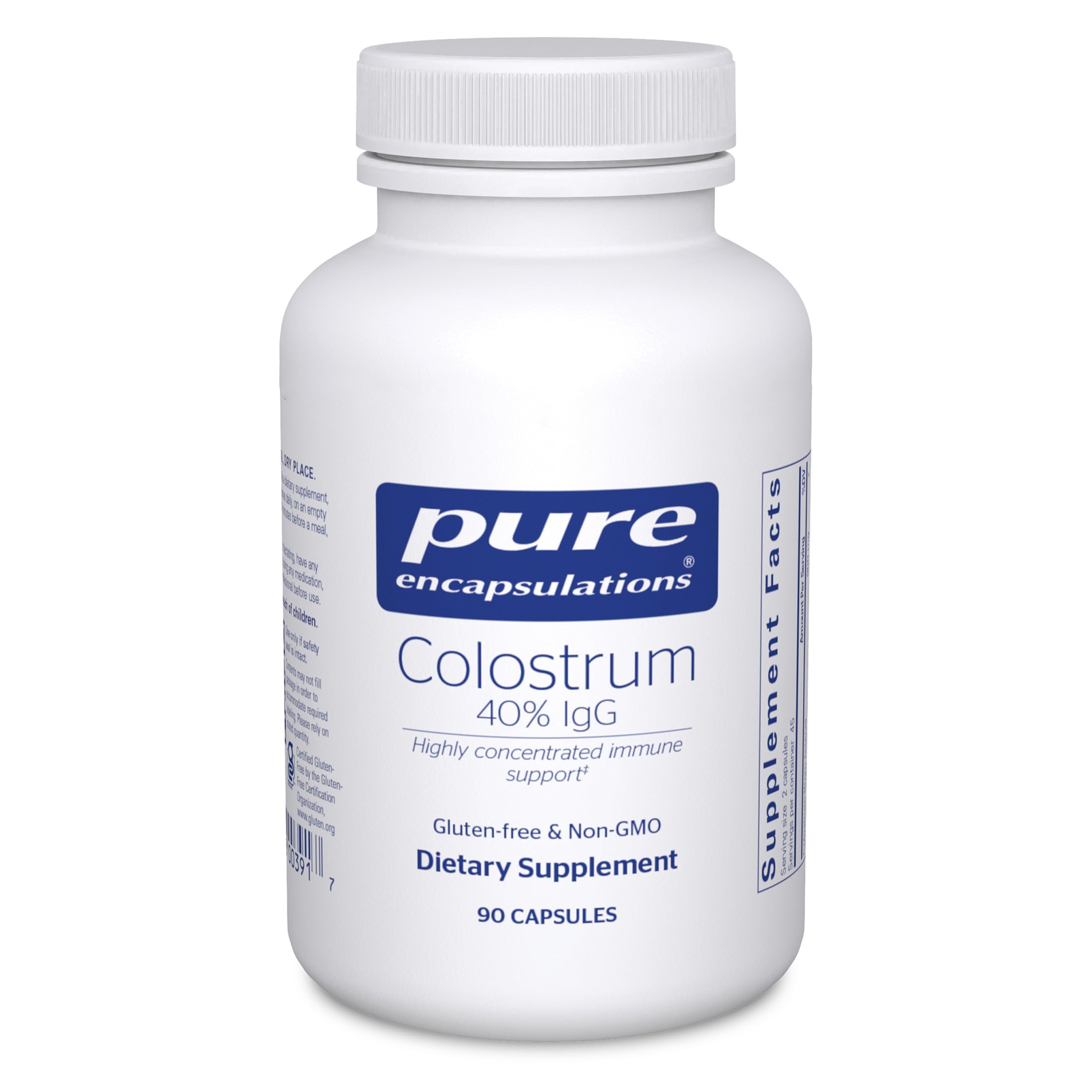 Pure Encapsulations Colostrum en botella para soporte inmune diario.