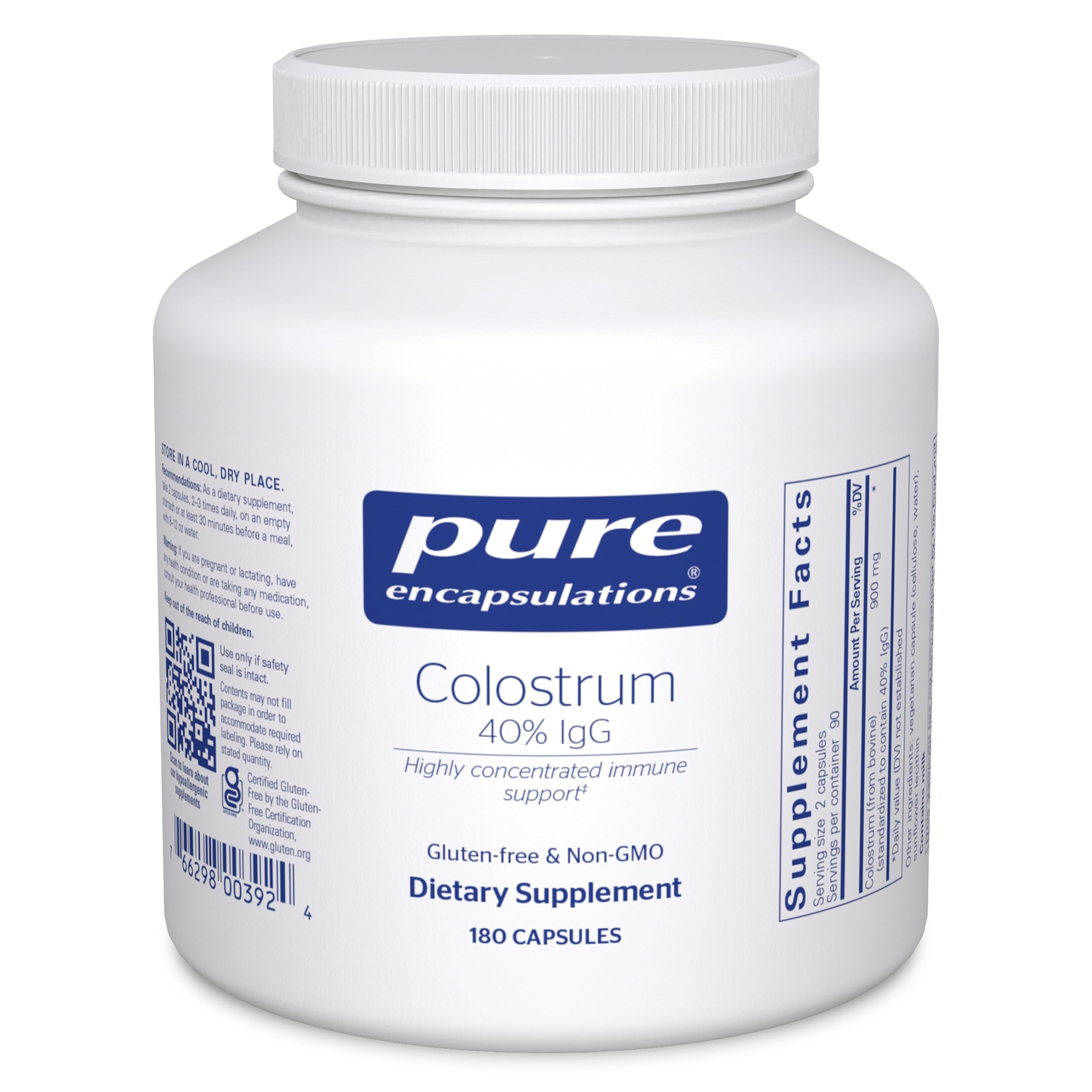 Pure Encapsulations Colostrum, botella visible para apoyo diario