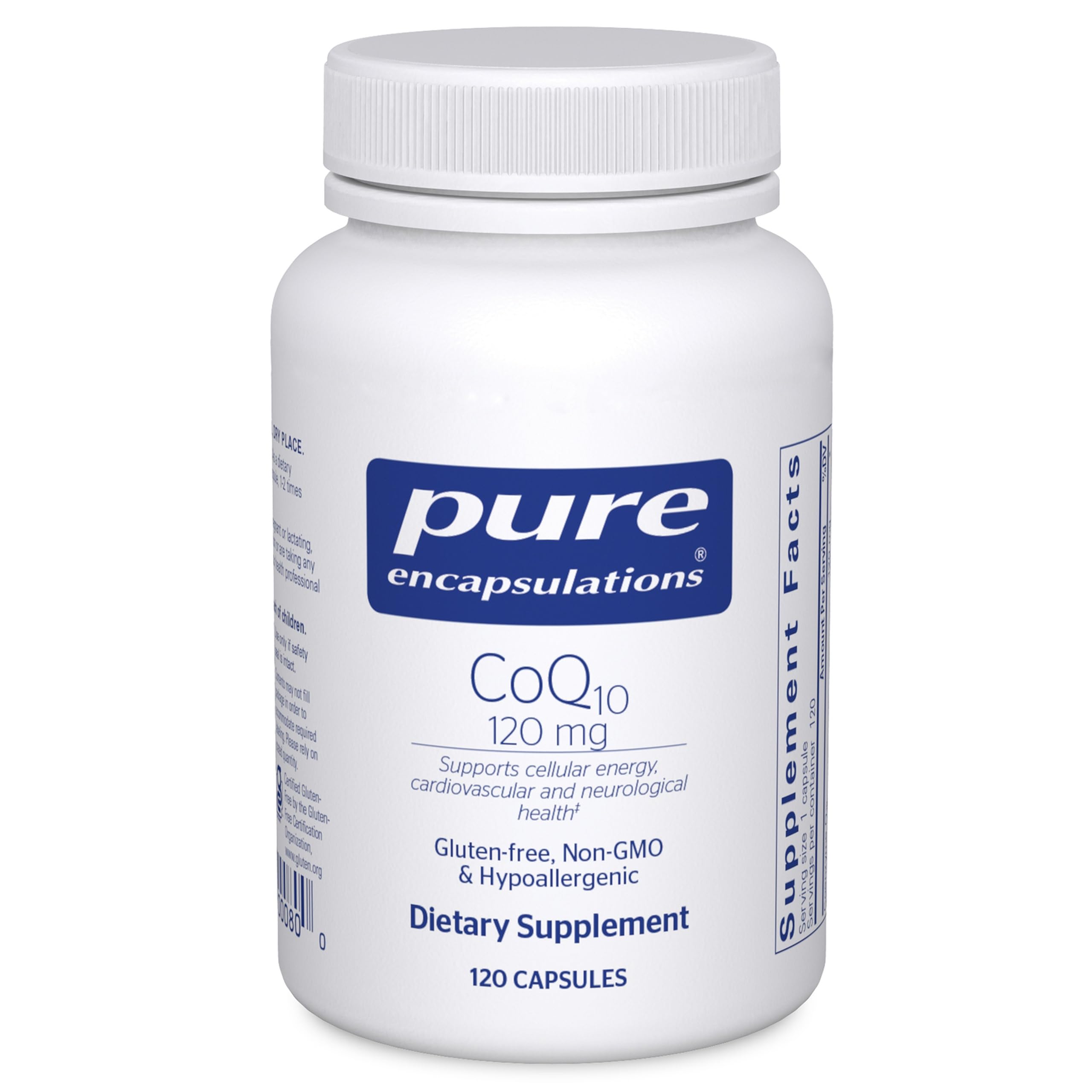 Pure Encapsulations CoQ10 120 mg en botella frontal, energía celular como posibilidad