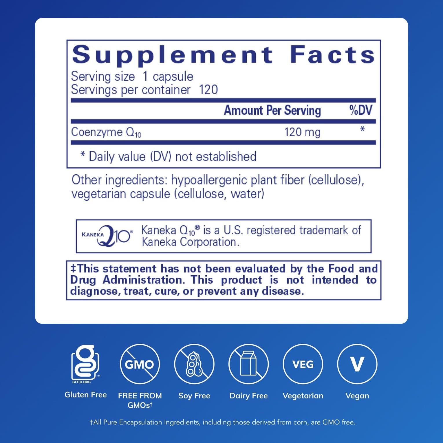 Botella de Pure Encapsulations CoQ10 120 mg, visualización lateral para contexto de uso