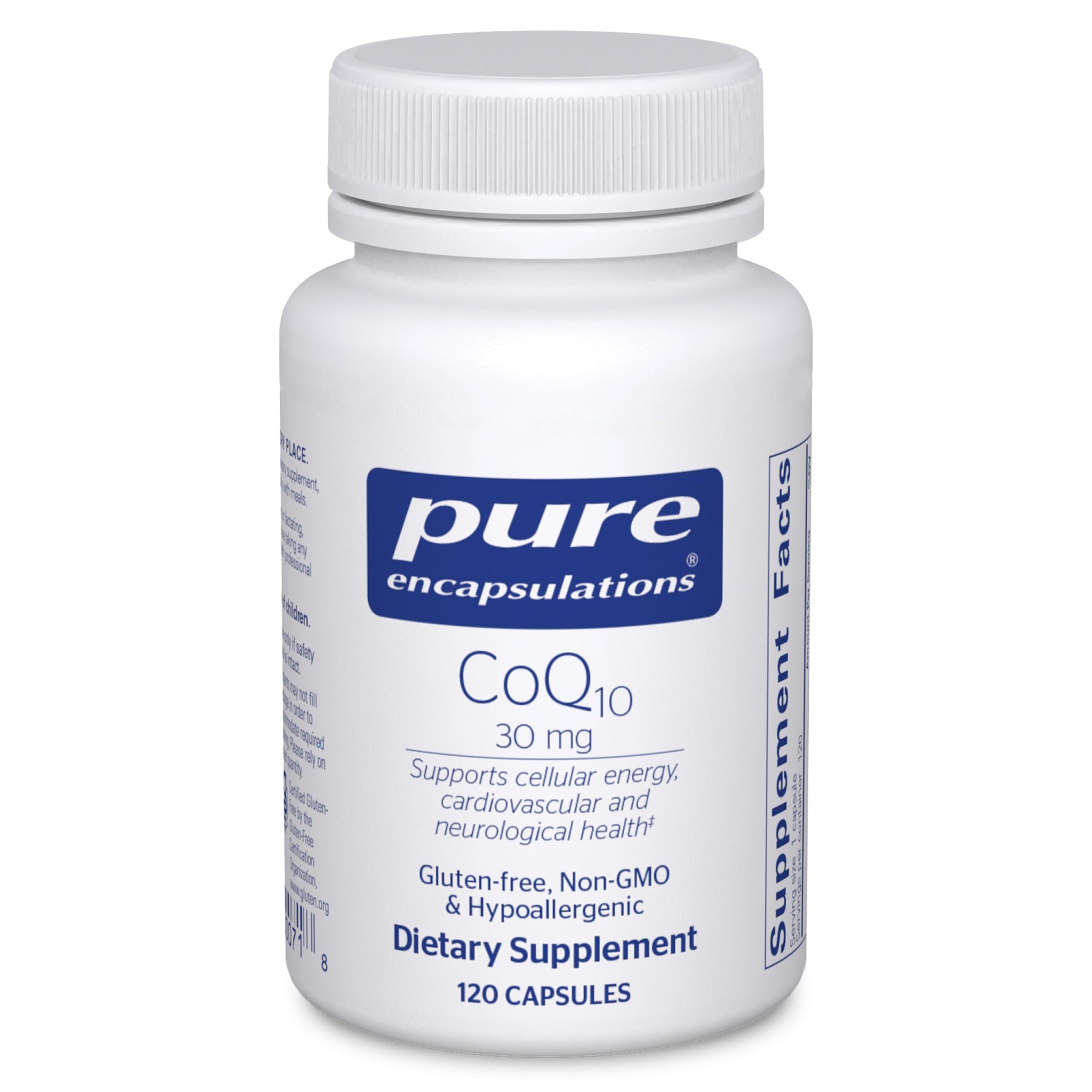Pure Encapsulations CoQ10 30 mg, botella, soporte de energía celular para el día a día.