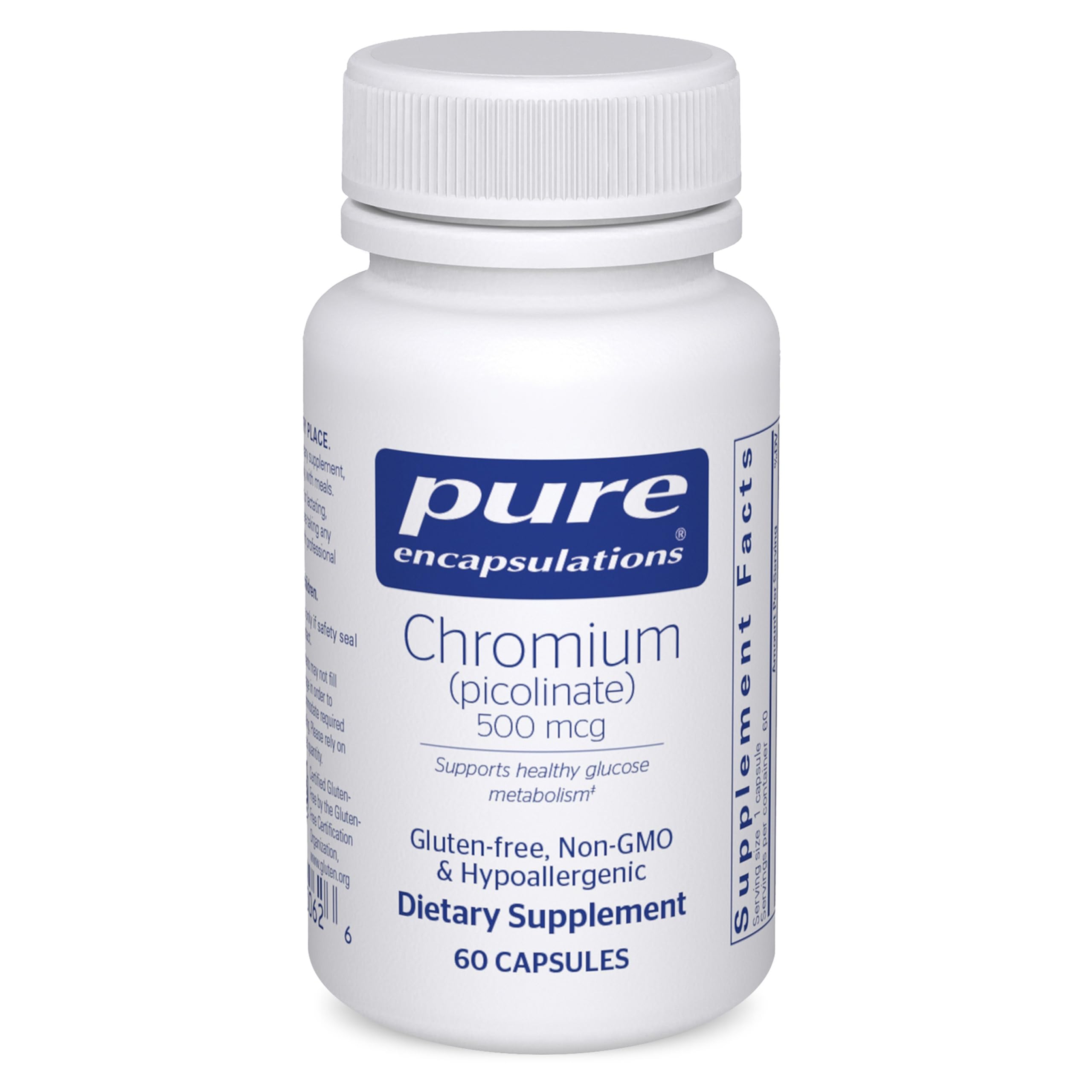 Botella de Pure Encapsulations Chromium 500 mcg para apoyo metabólico.