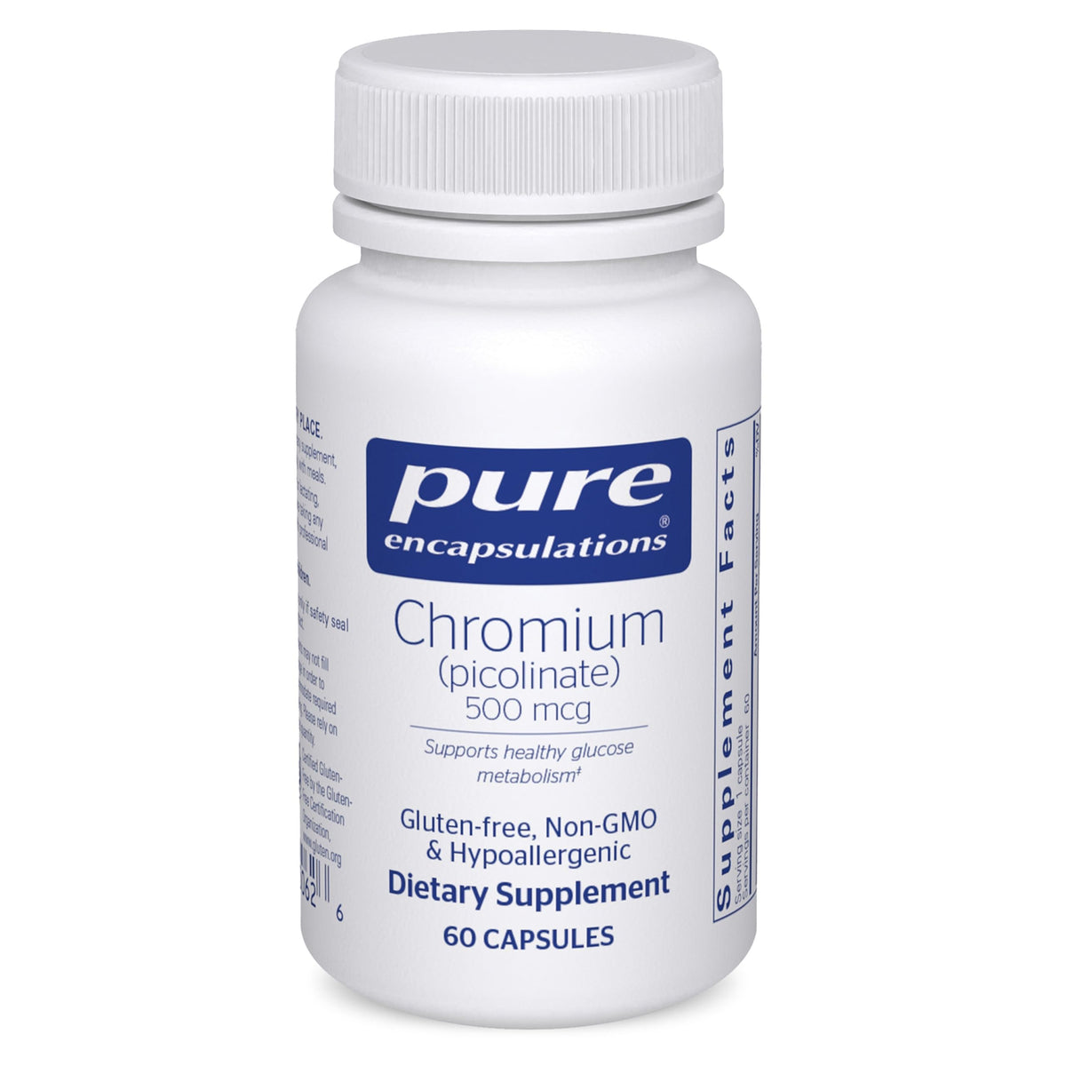 Botella de Pure Encapsulations Chromium 500 mcg para apoyo metabólico.