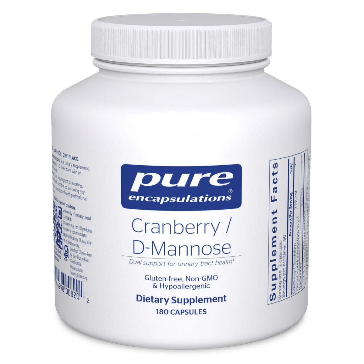 Capsulas Pure Encapsulations Cranberry D-Mannose para apoyo diario del tracto urinario.