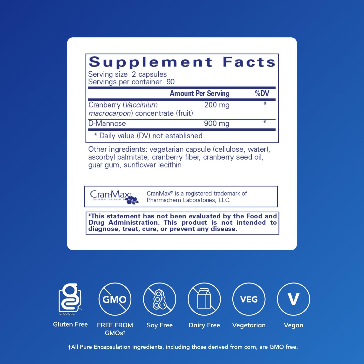 Etiqueta del producto Pure Encapsulations Cranberry D-Mannose con ingredientes veganos.