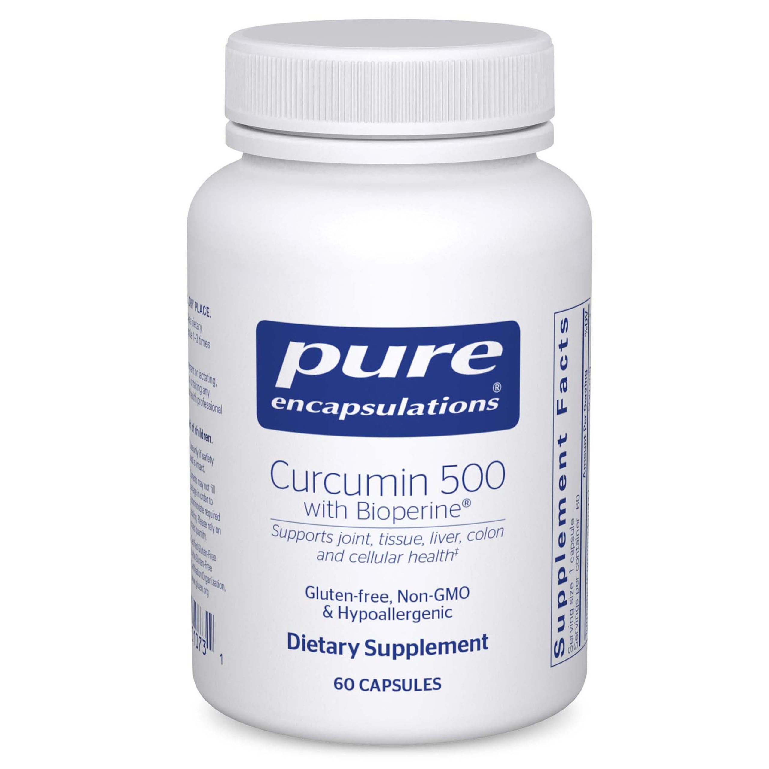 Pure Encapsulations Curcumin 500 en botella, apoyo antioxidante para articulaciones y tejidos.