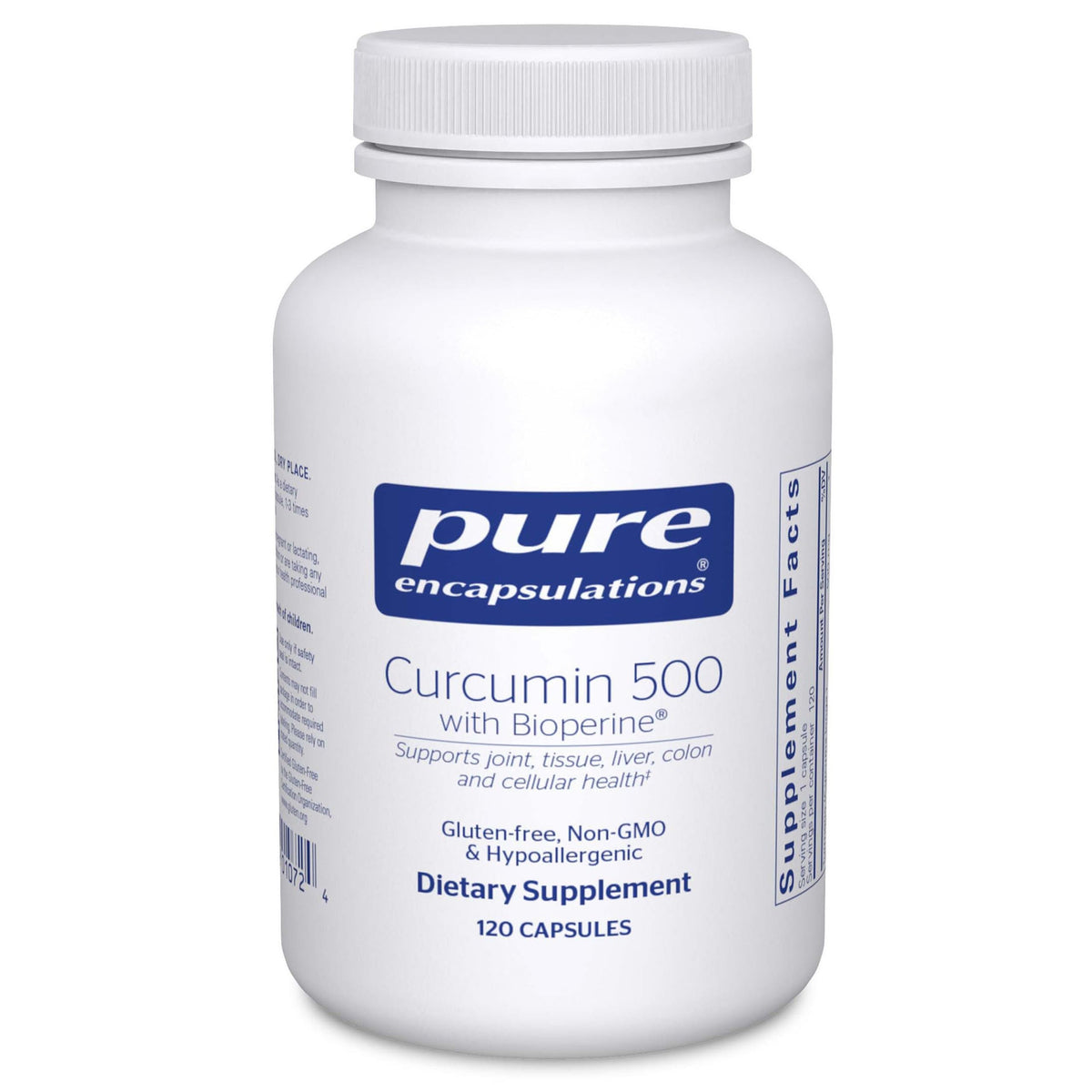 Pure Encapsulations Curcumin 500 en botella, facilita la dosis diaria y mejora la experiencia de uso.