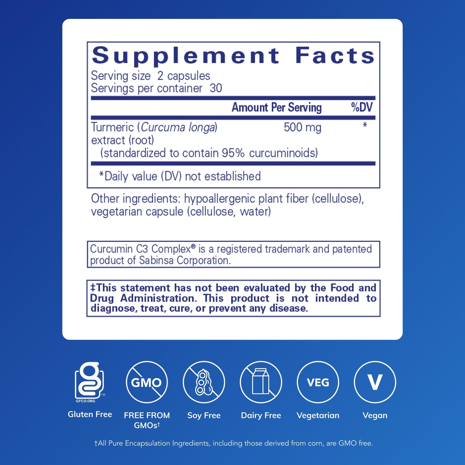Pure Encapsulations Curcumin: etiqueta de la botella con dosis diaria clara.