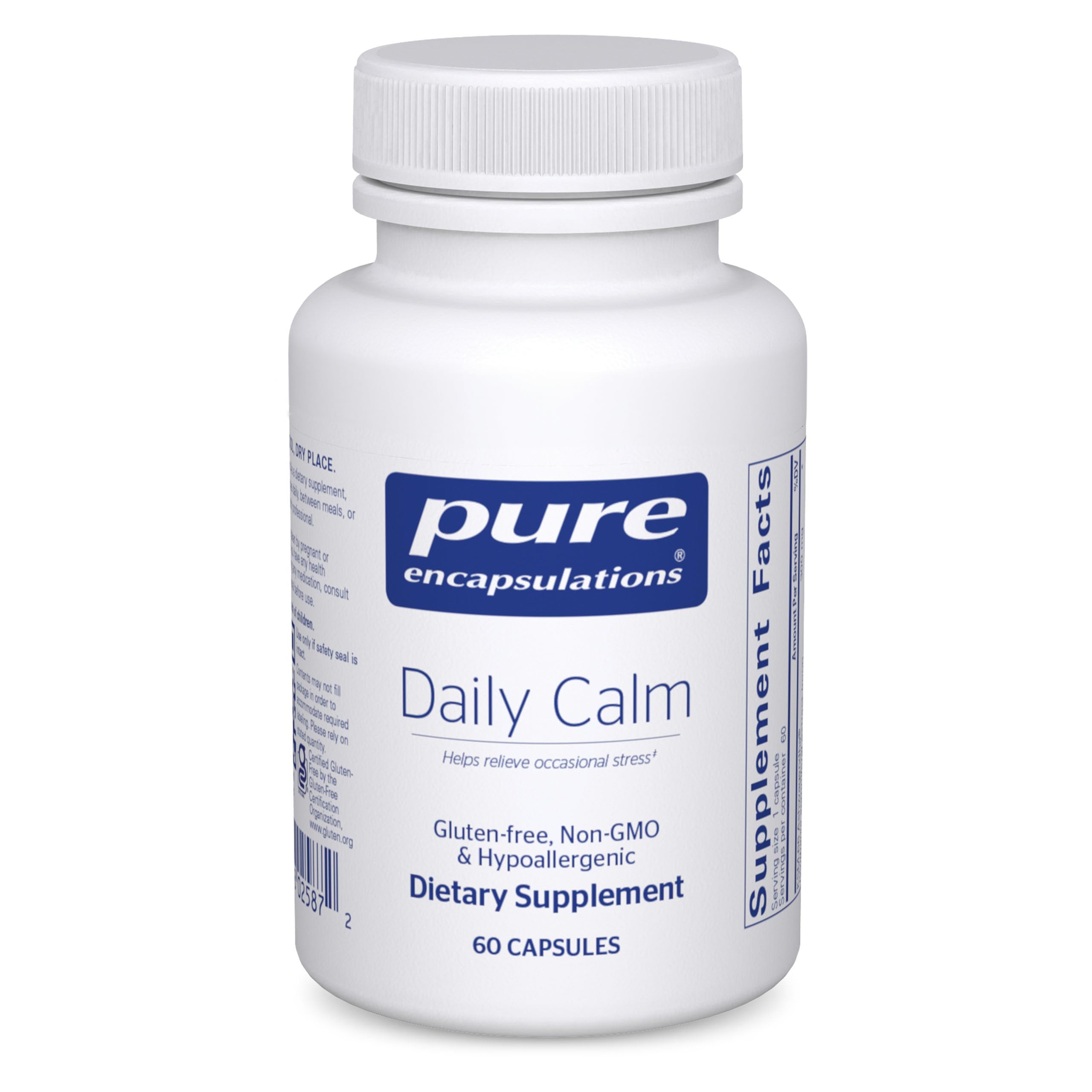 Pure Encapsulations Daily Calm: botella de capsulas para apoyo calmante diario.