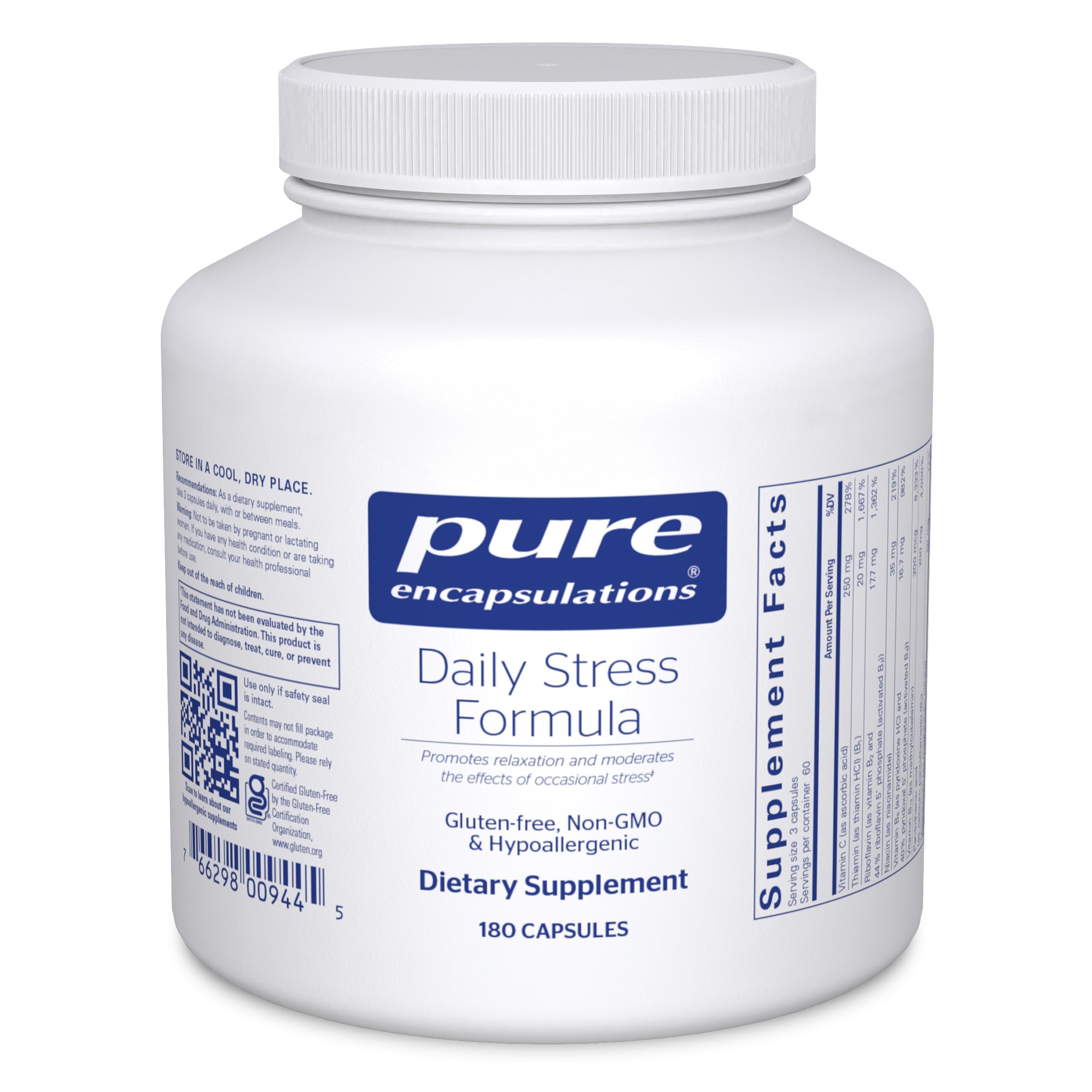 Pure Encapsulations Daily Stress Formula, botella de cápsulas, apoyo a la relajación diaria.