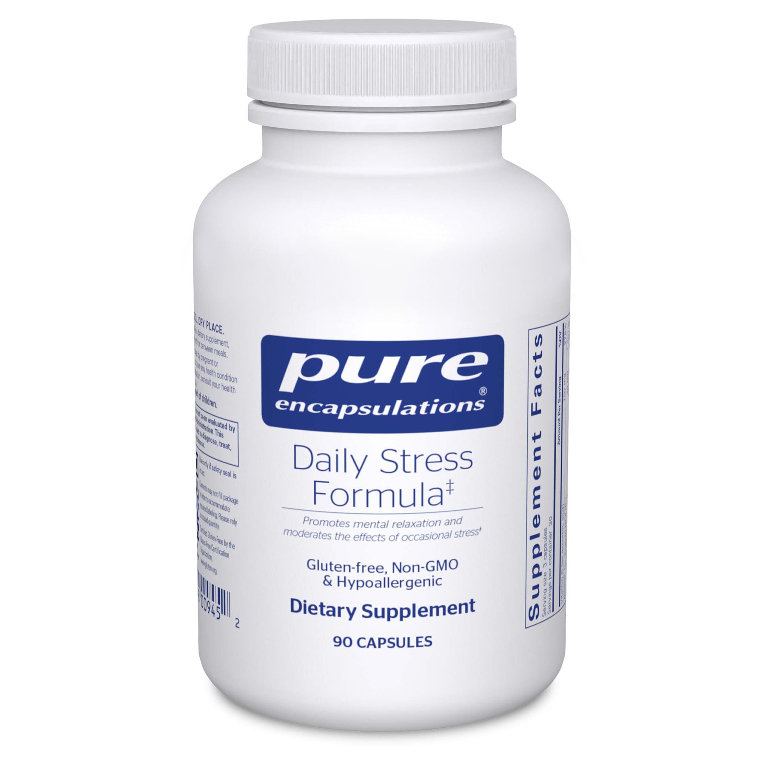 Pure Encapsulations Daily Stress Formula: botella visible para promover la relajación diaria.