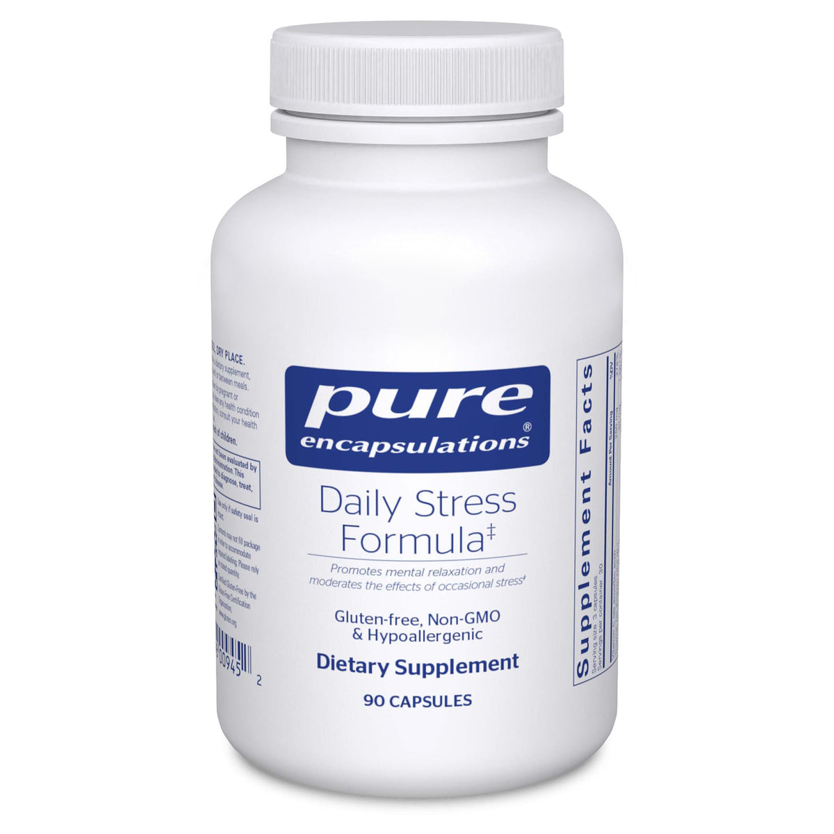 Pure Encapsulations Daily Stress Formula: botella visible para promover la relajación diaria.
