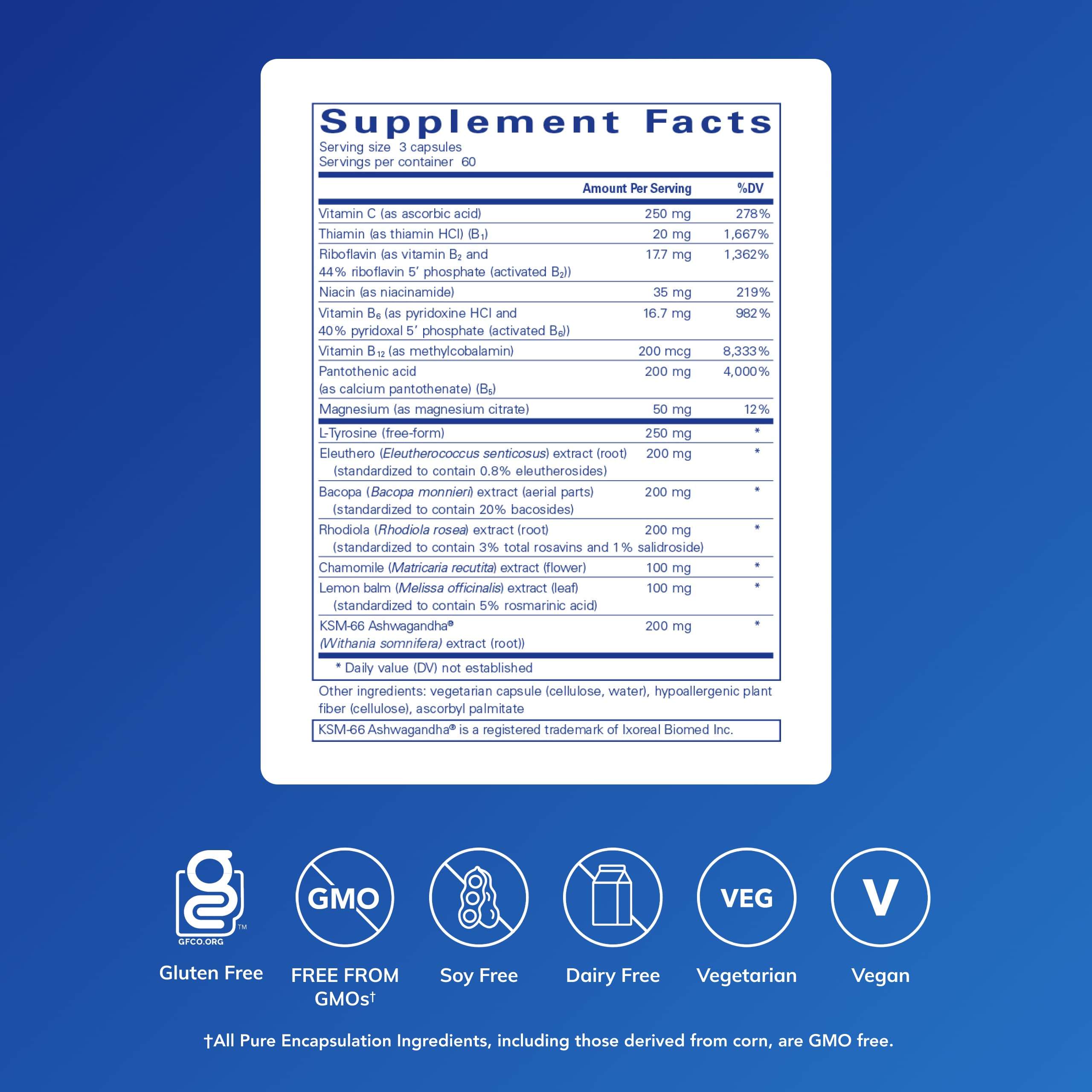 Pure Encapsulations Daily Stress Formula, etiqueta frontal, información clara sobre el producto.